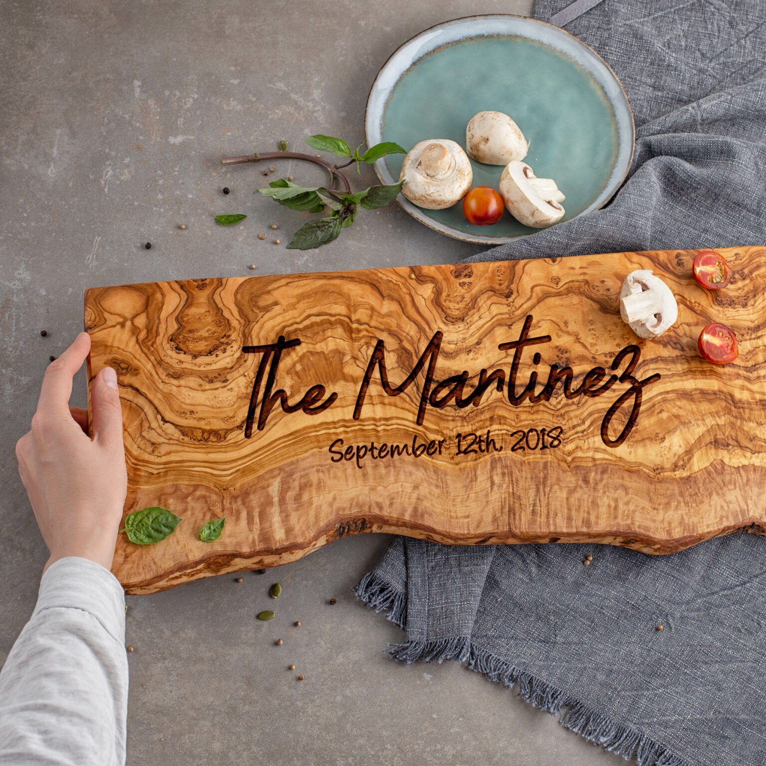 Personalized Live Edge Olive Wood Cutting Board Forest Decor