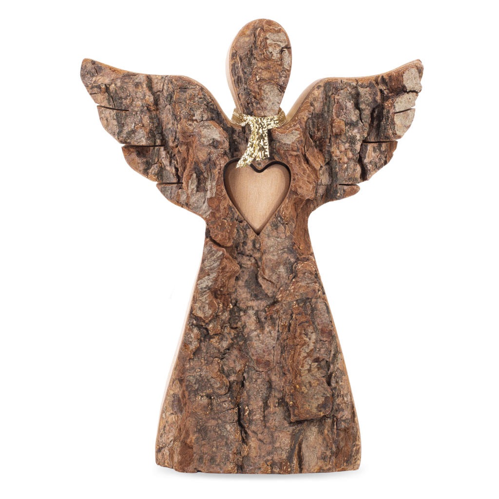 Wooden Angel Figurine with Wings and Love Heart Forest Decor