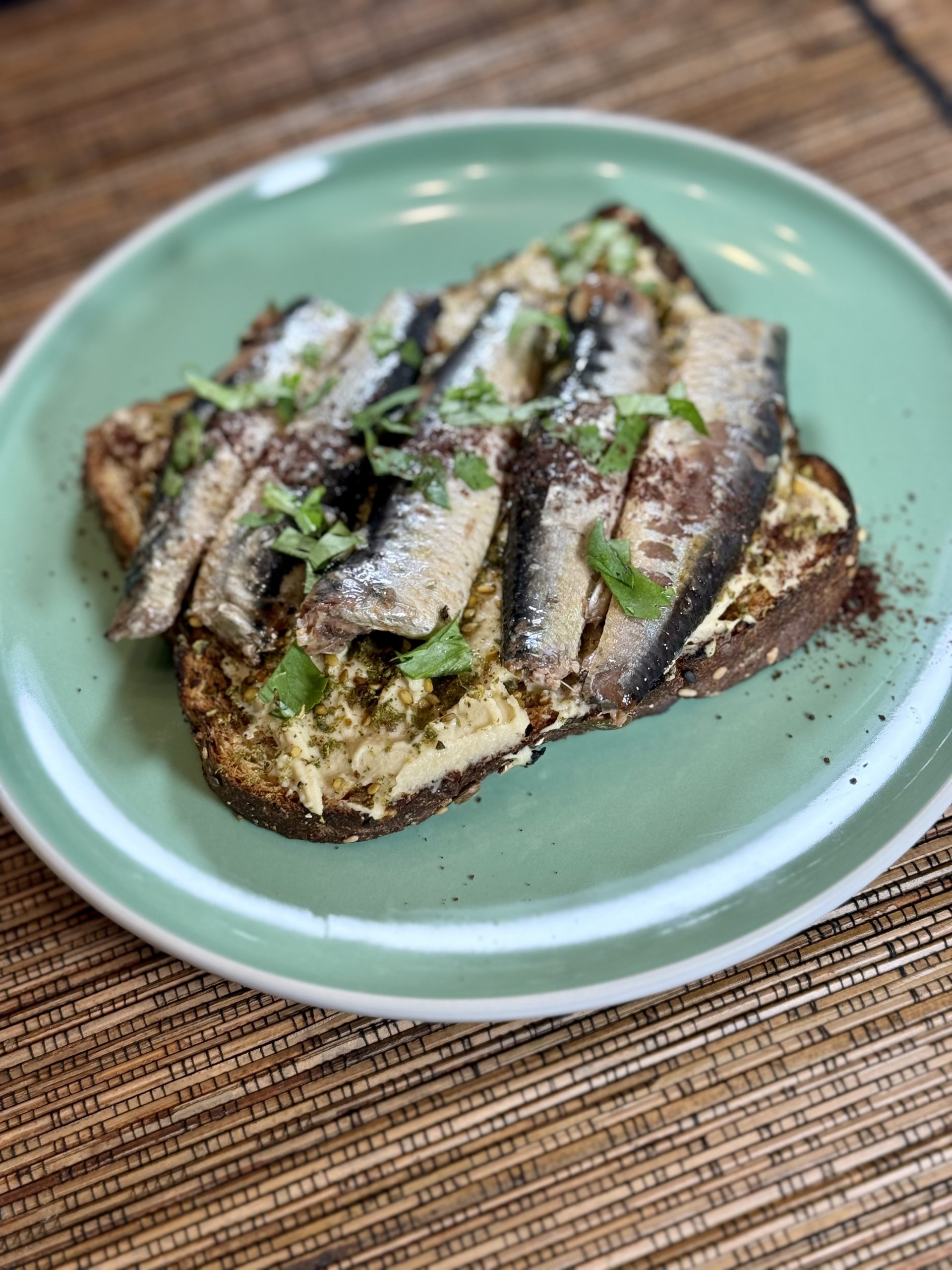 5minute Za’atar Hummus Sardine Toast Fork & Platter