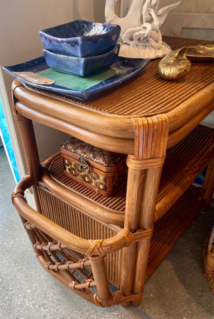 HB Bamboo Rattan Side Table Magazine Rack Pair Form & Function