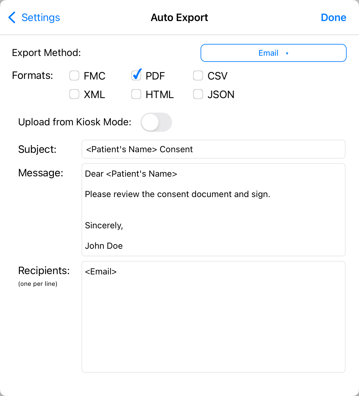 Using Field Tags to Configure the Auto Export Settings