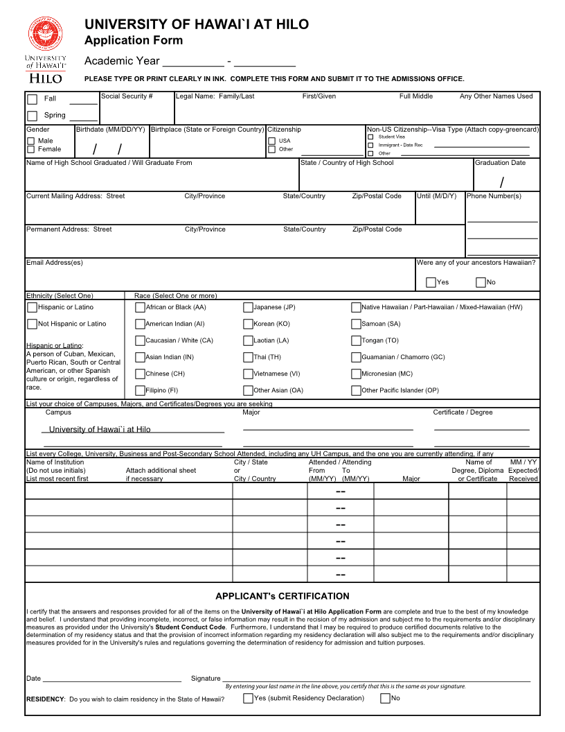 Download Free University of Hawaii At Hilo Application Form Form Download