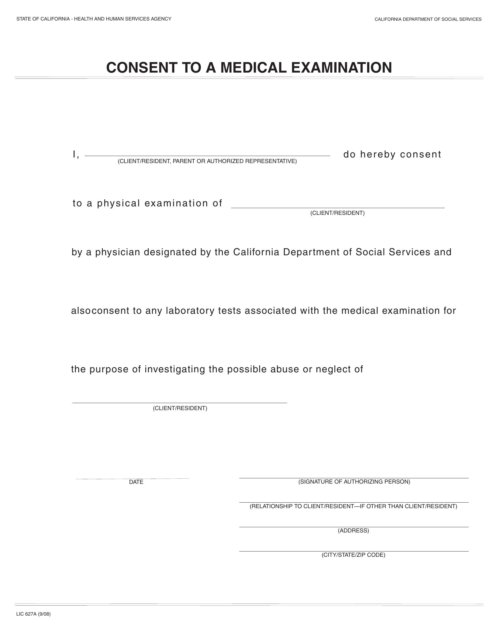 LIC 627A Consent To A Medical Examination