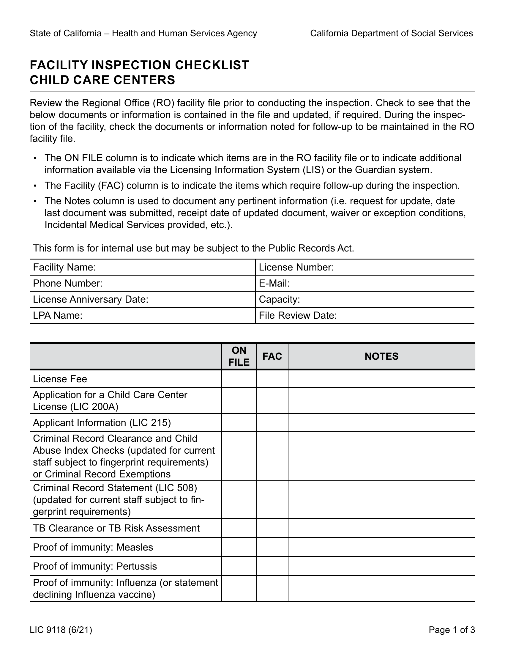 LIC 9118 Facility Inspection Checklist Checklist Child Care Centers