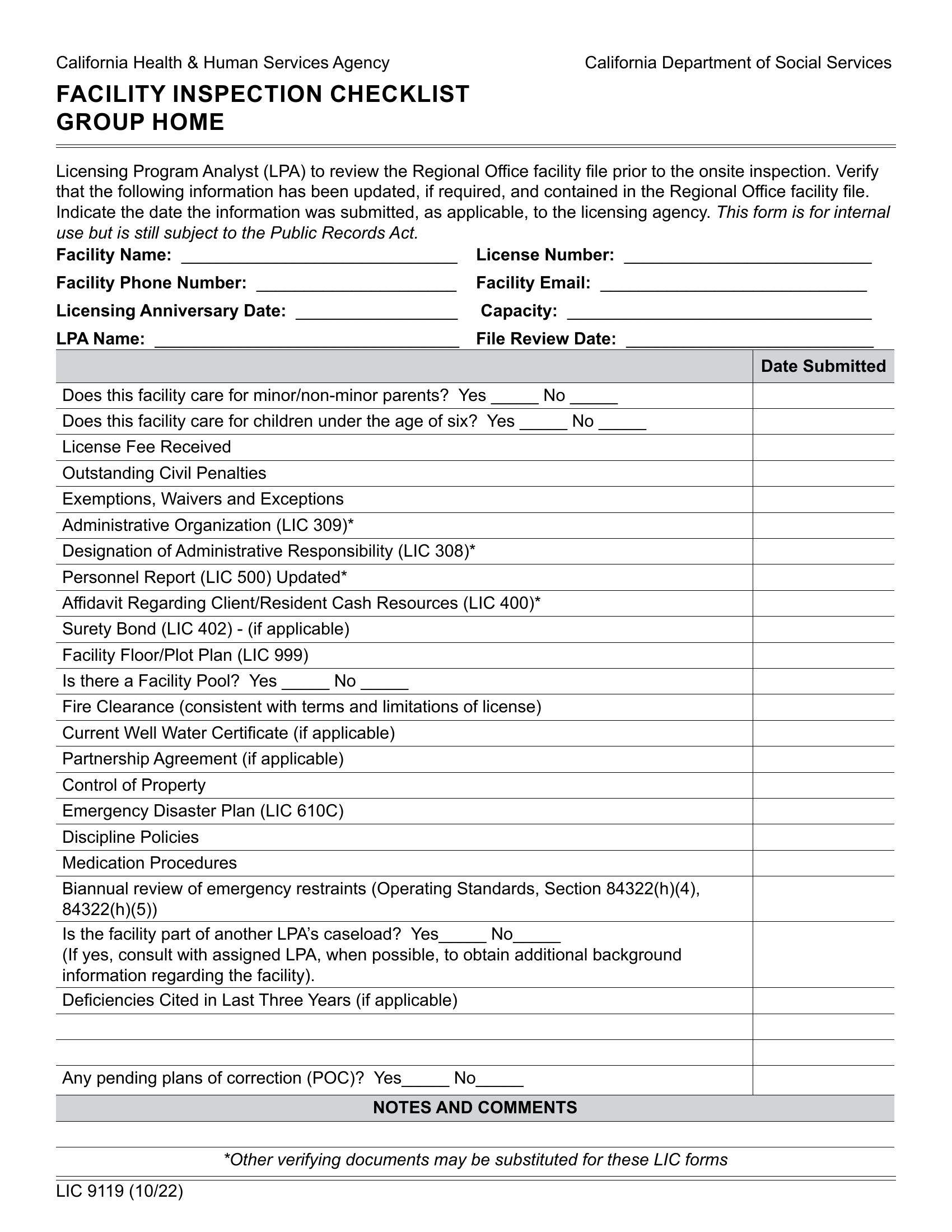 LIC 9119 Facility Inspection Checklist Group Homes