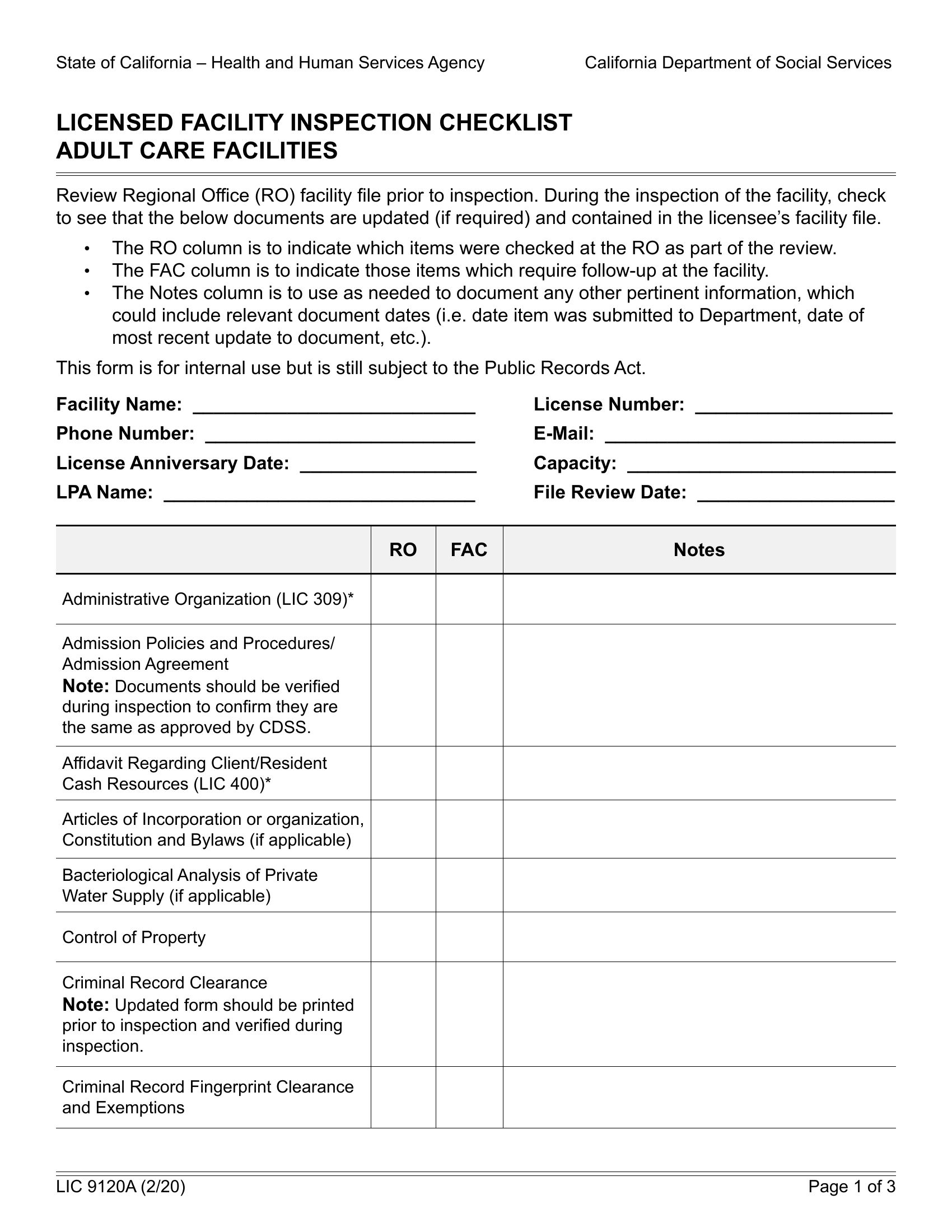 LIC 9120A Licensed Facility Inspection Checklist Adult Care
