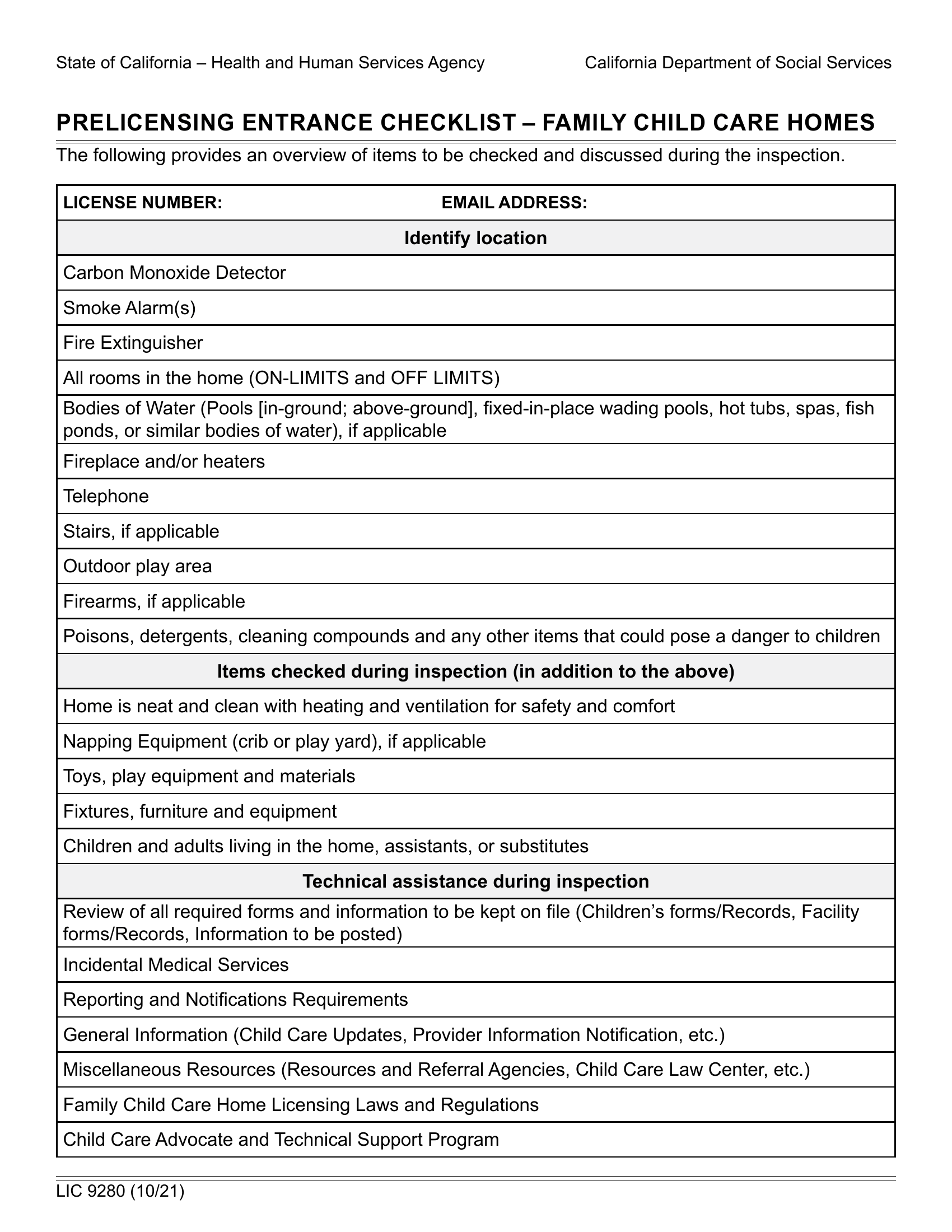 LIC 9280 Prelicensing Entrance Checklist Family Child Care Homes