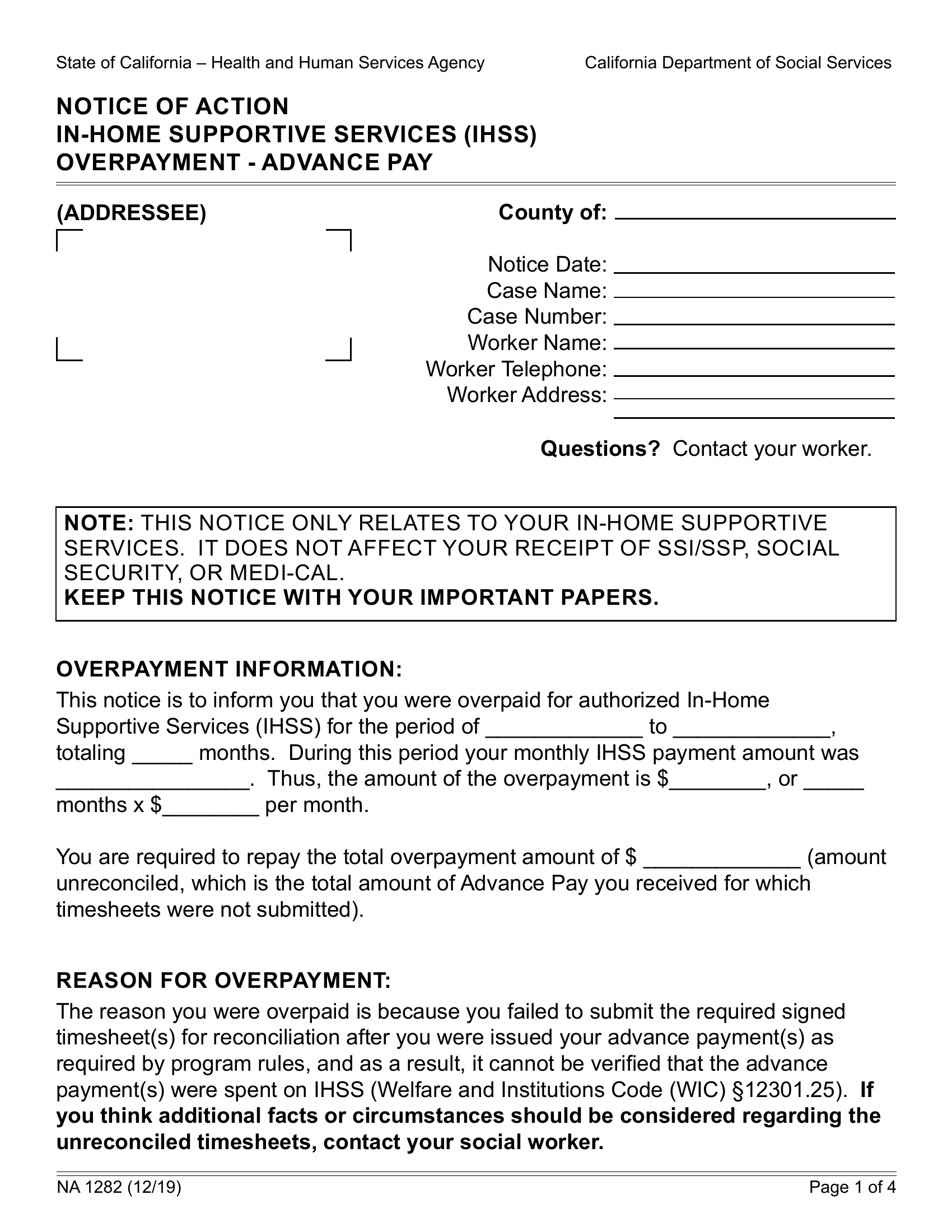 NA 1282 Notice Of Action InHome Supportive Services Overpayment