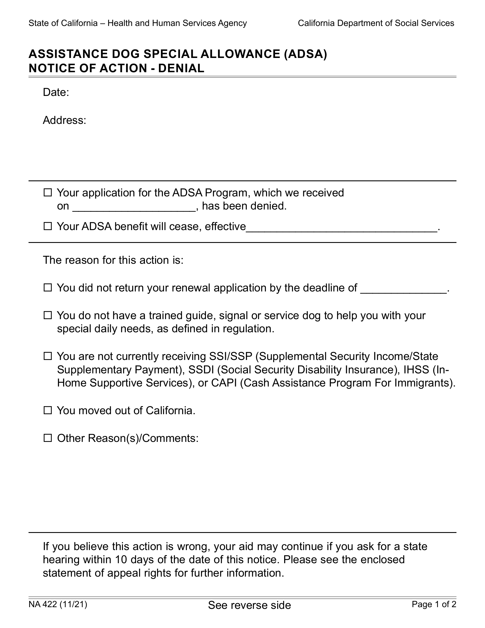 NA 422 Assistance Dog Special Allowance