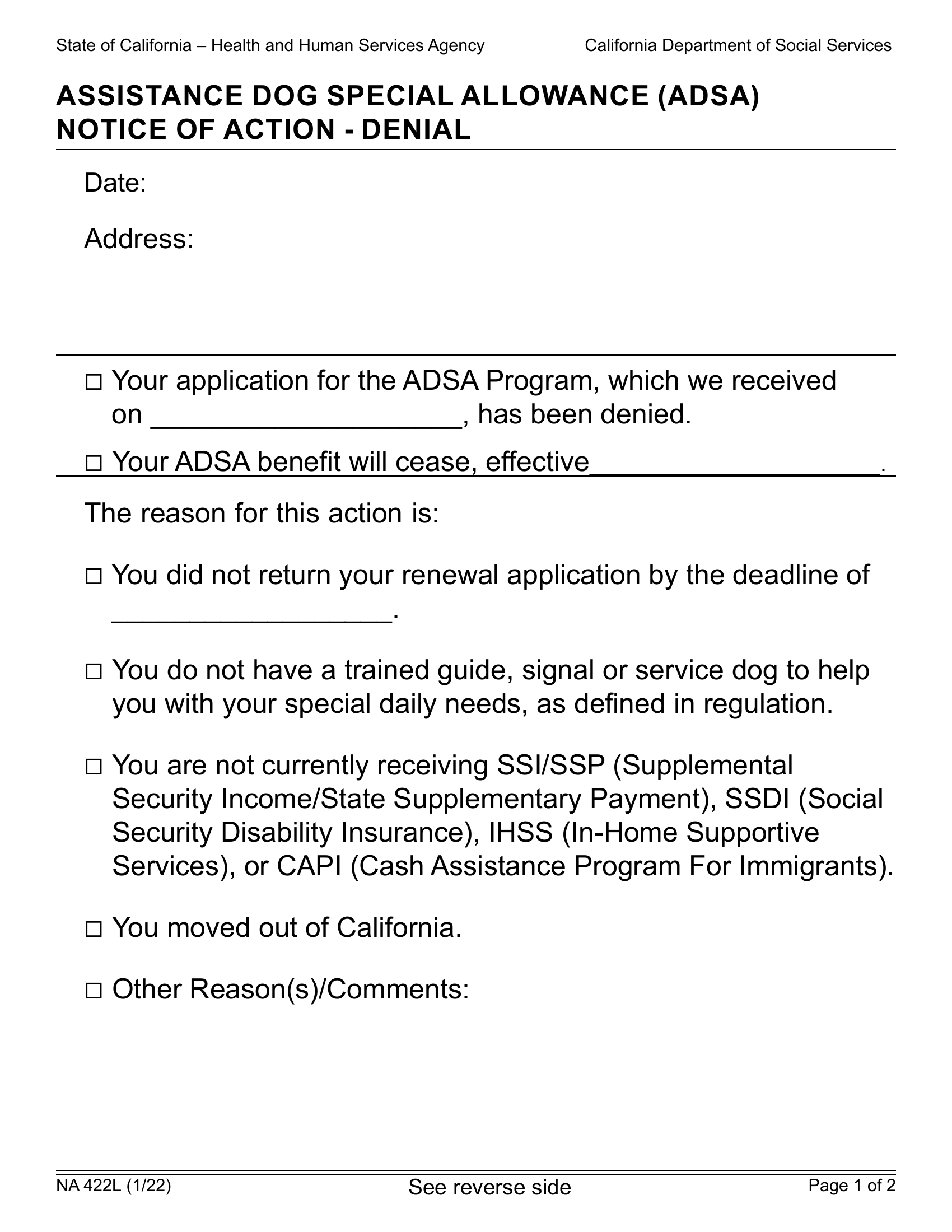 NA 422L В Assistance Dog Special Allowance Notice of Action Denial