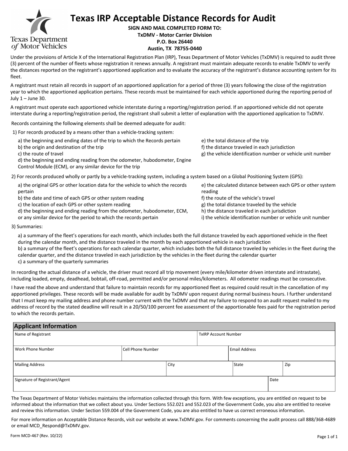 TxDMV MCD467 Texas IRP Acceptable Distance Records for Audit