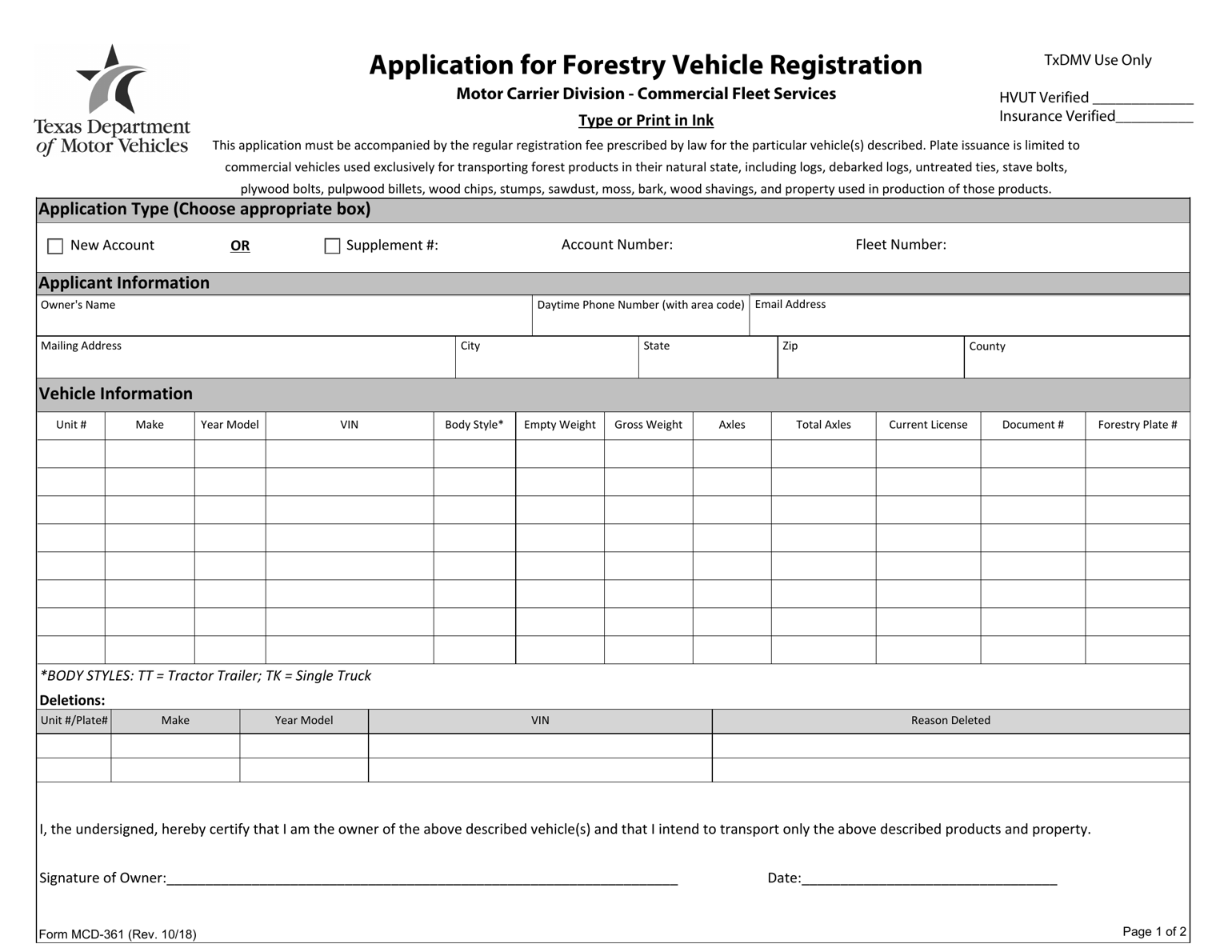 TxDMV MCD361 Application for Forestry Vehicle Registration