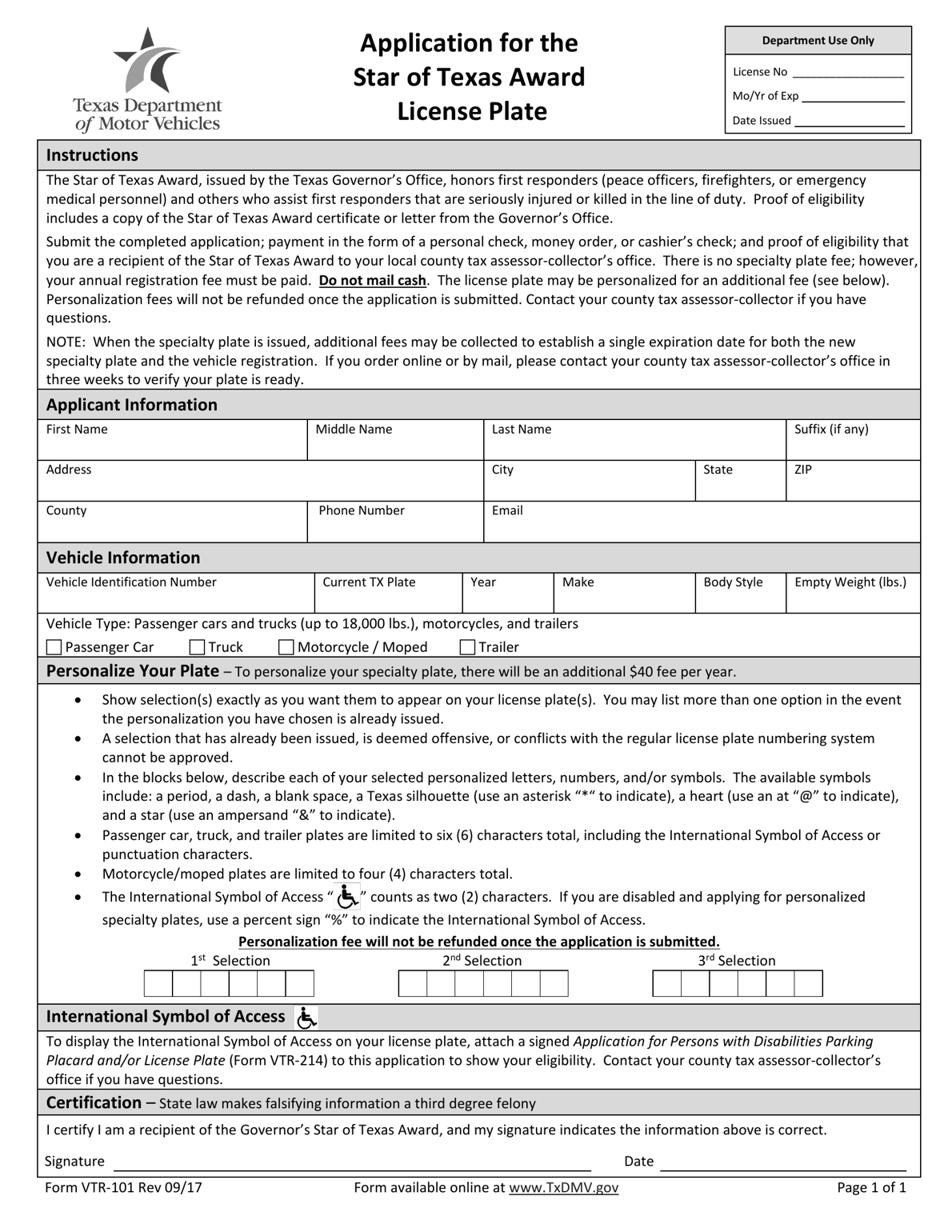 TxDMV VTR101 Application for the Star of Texas Award License Plate