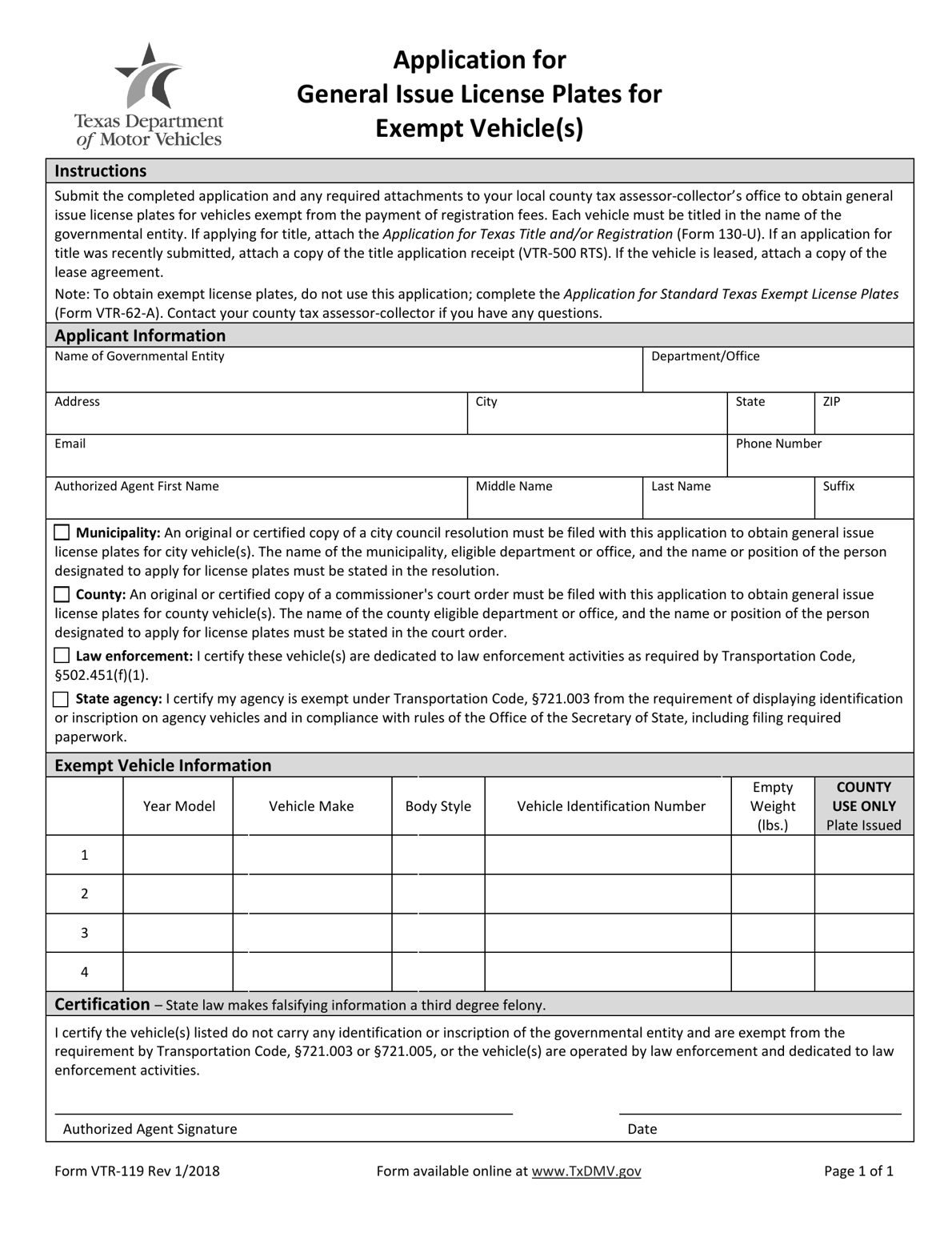 TxDMV VTR119 Application for General Issue License Plates for Exempt