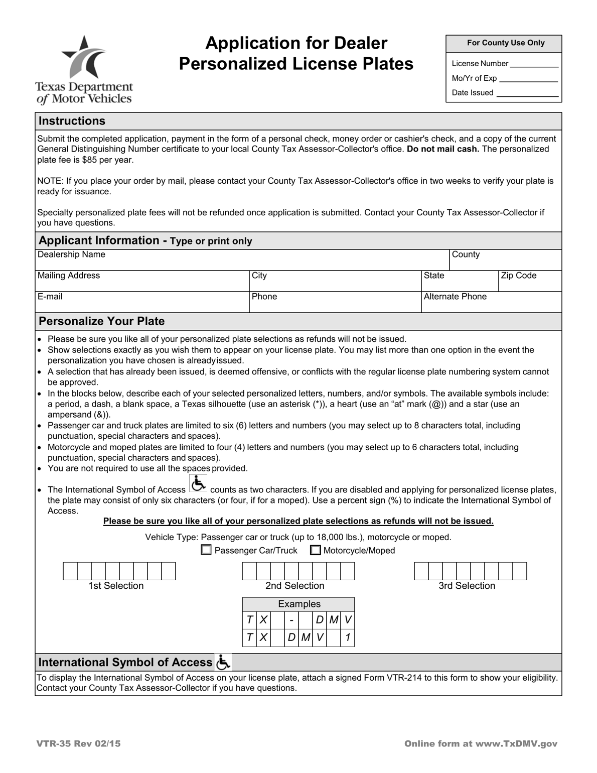 TxDMV VTR35 Application for Dealer Personalized License Plates