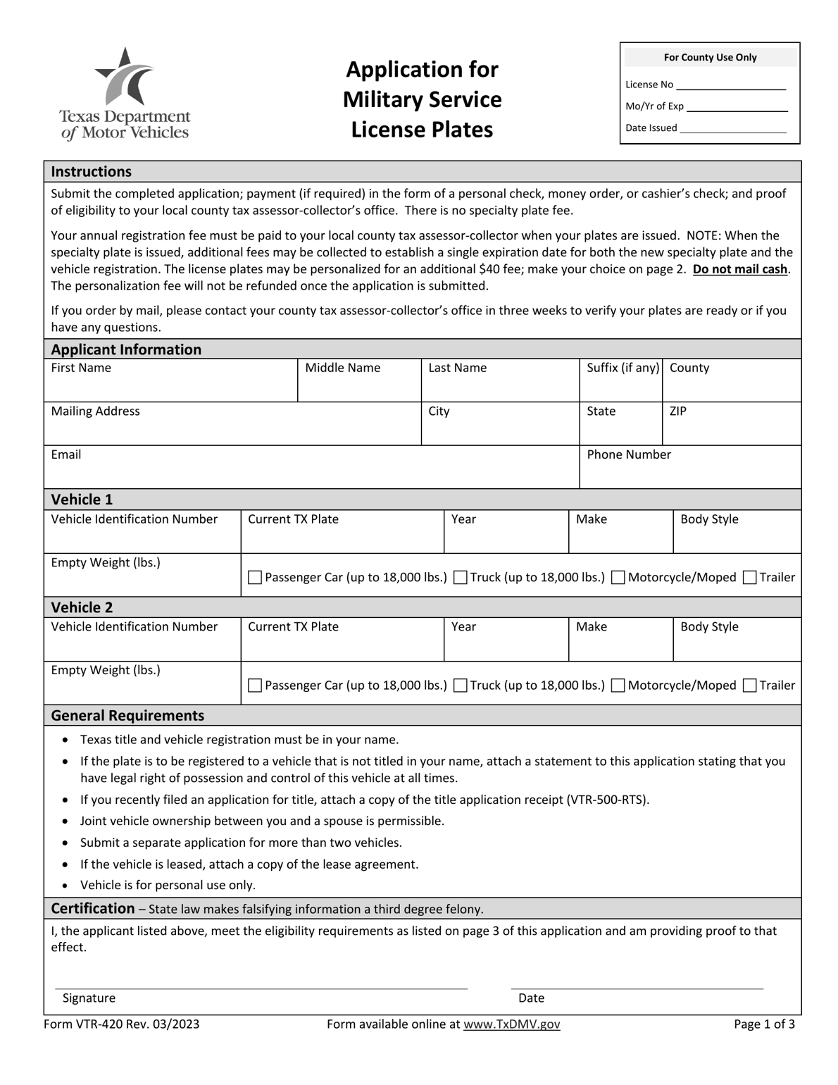 TxDMV VTR420 Application for Military Service License Plates