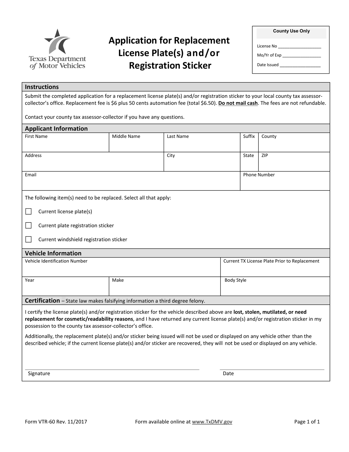 TxDMV VTR60 Application for Replacement License Plate, and/or