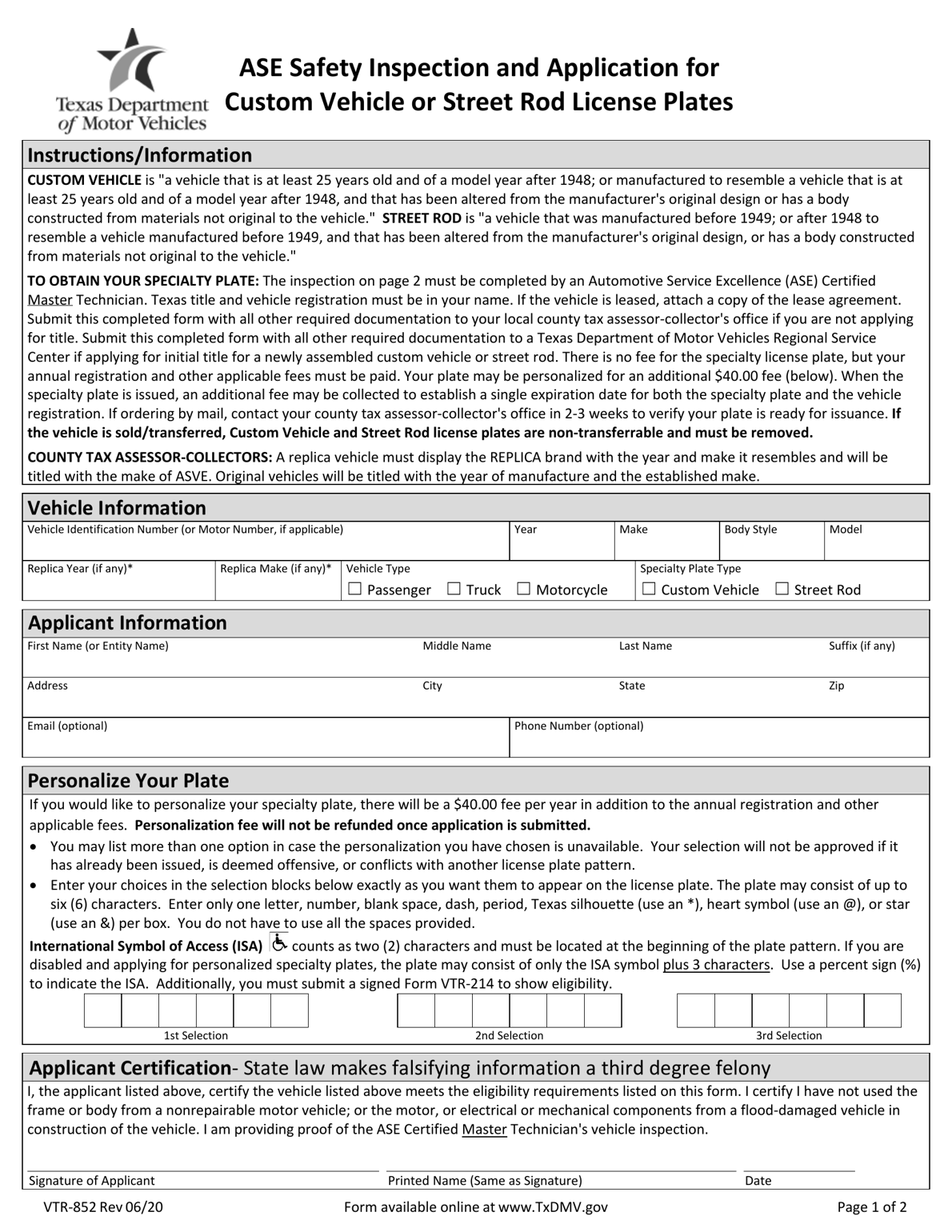 TxDMV VTR852 ASE Safety Inspection and Application for Custom