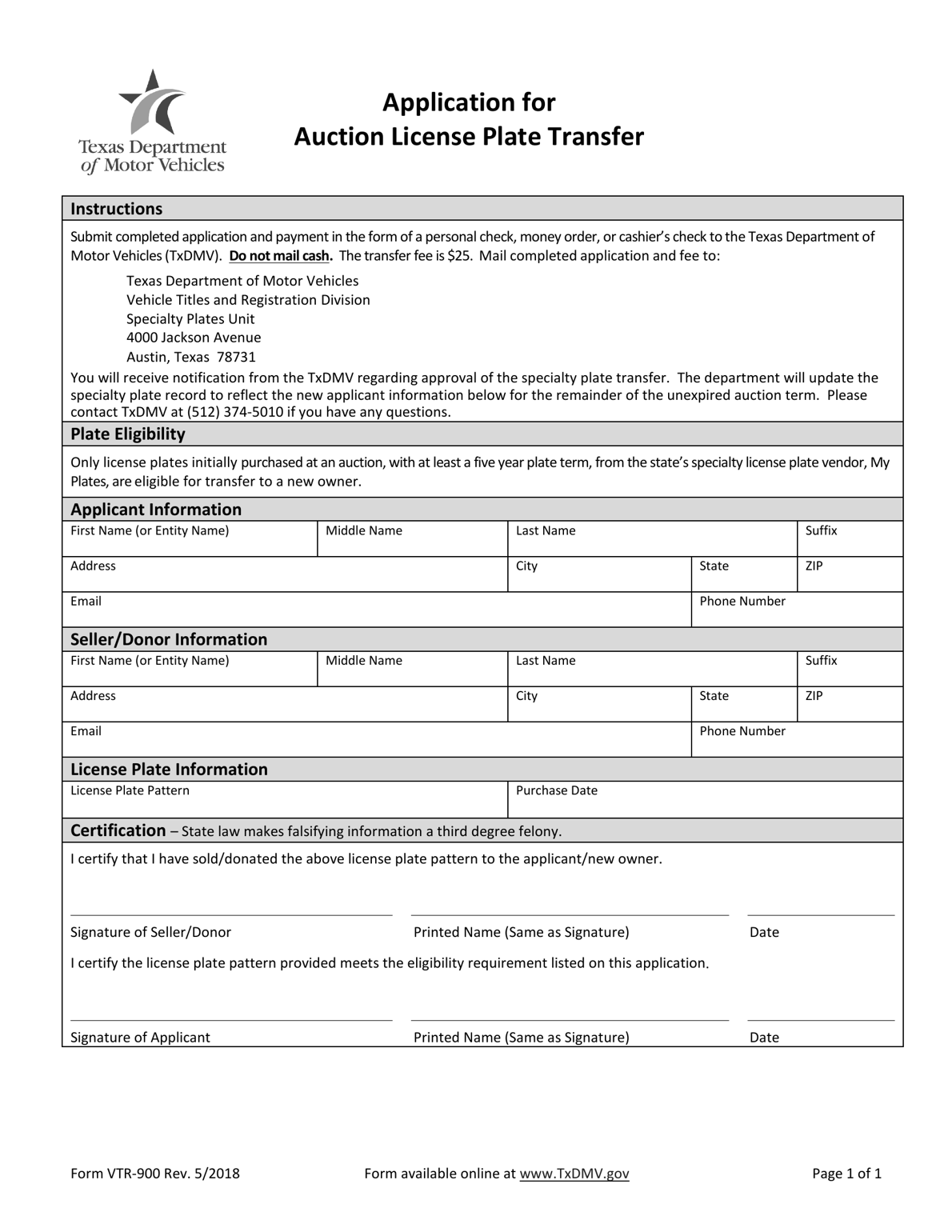 TxDMV VTR900 Application for Auction License Plate Transfer