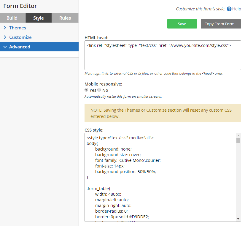 Share CSS with Embedded Forms Formsite