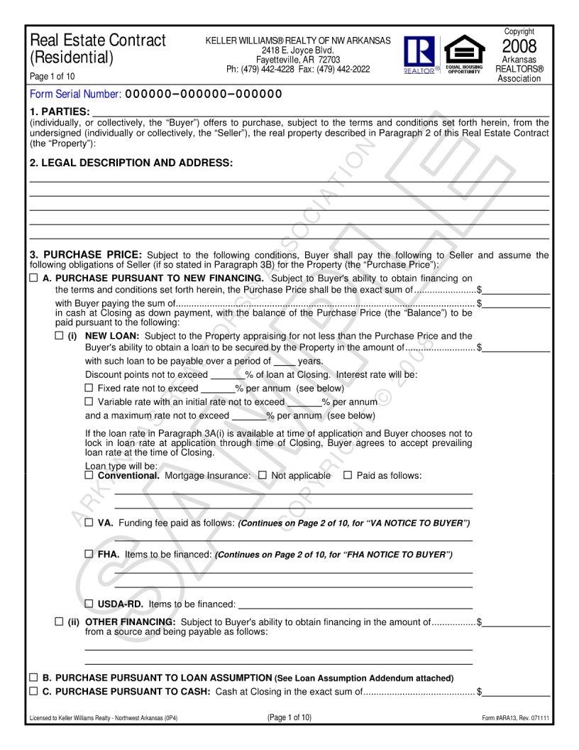 Arkansas Real Estate Contract Residential PDF Form FormsPal