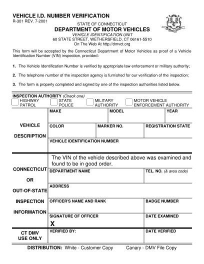 Ct Vin Verification Form ≡ Fill Out Printable PDF Forms Online
