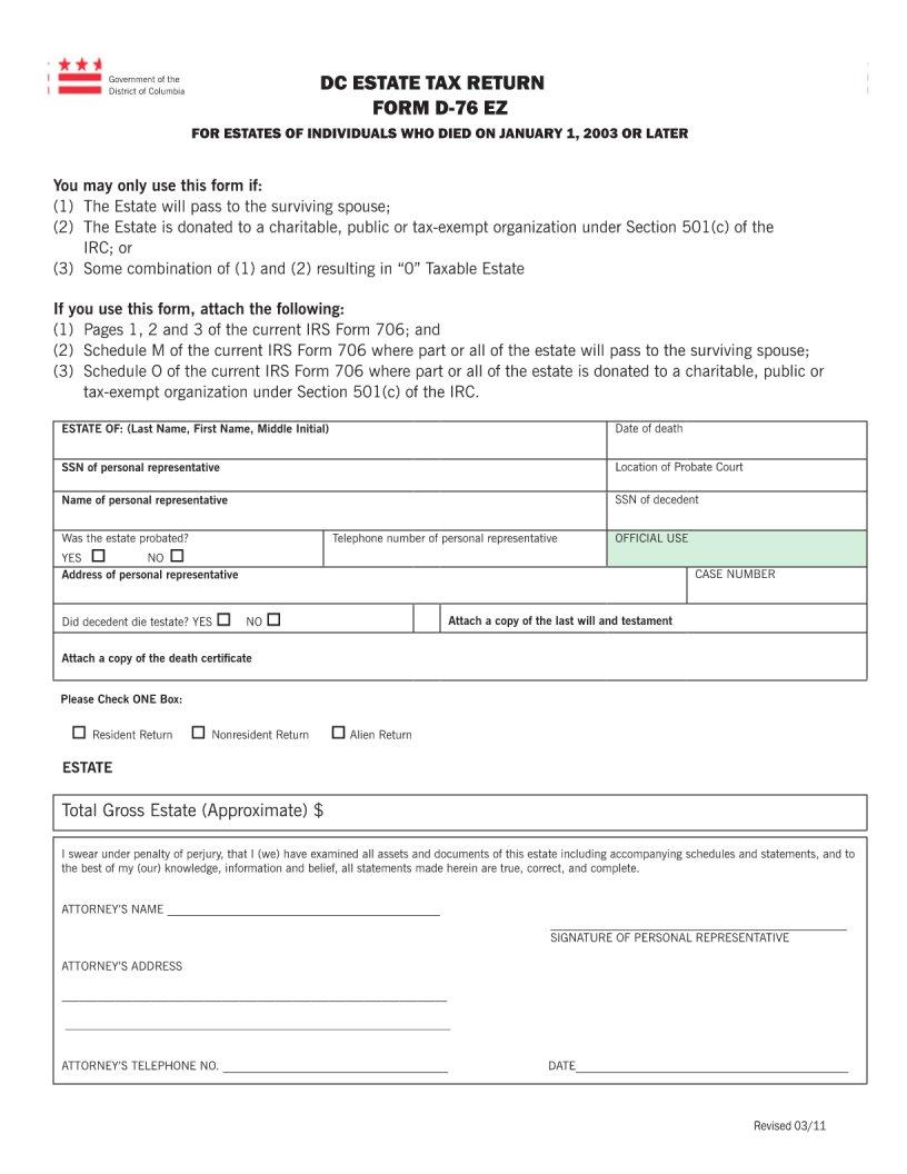 Dc Estate Tax Return Form D 76 ≡ Fill Out Printable PDF Forms Online
