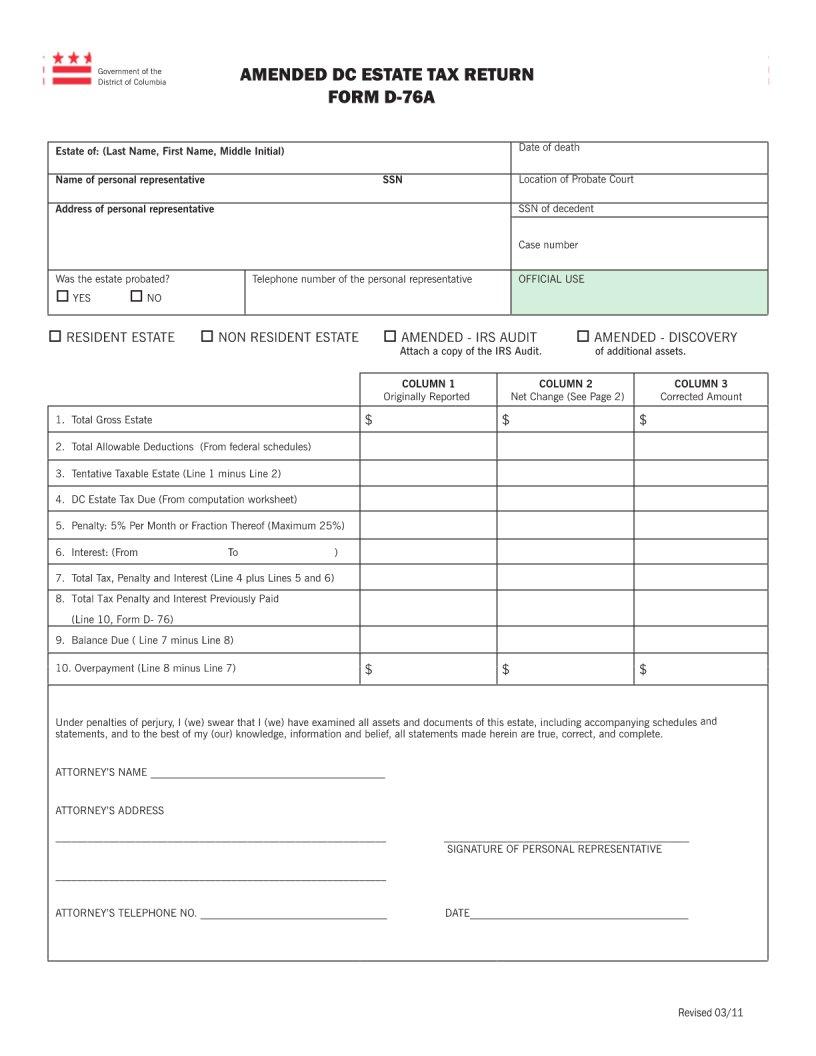 Dc Estate Tax Return Form D 76 ≡ Fill Out Printable PDF Forms Online