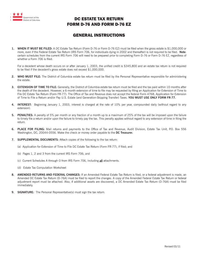 Dc Estate Tax Return Form D 76 ≡ Fill Out Printable PDF Forms Online