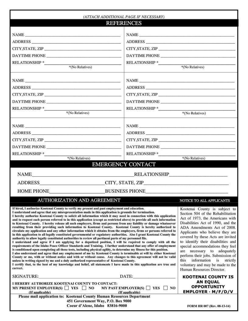 Kootenai Employment Application PDF Form FormsPal