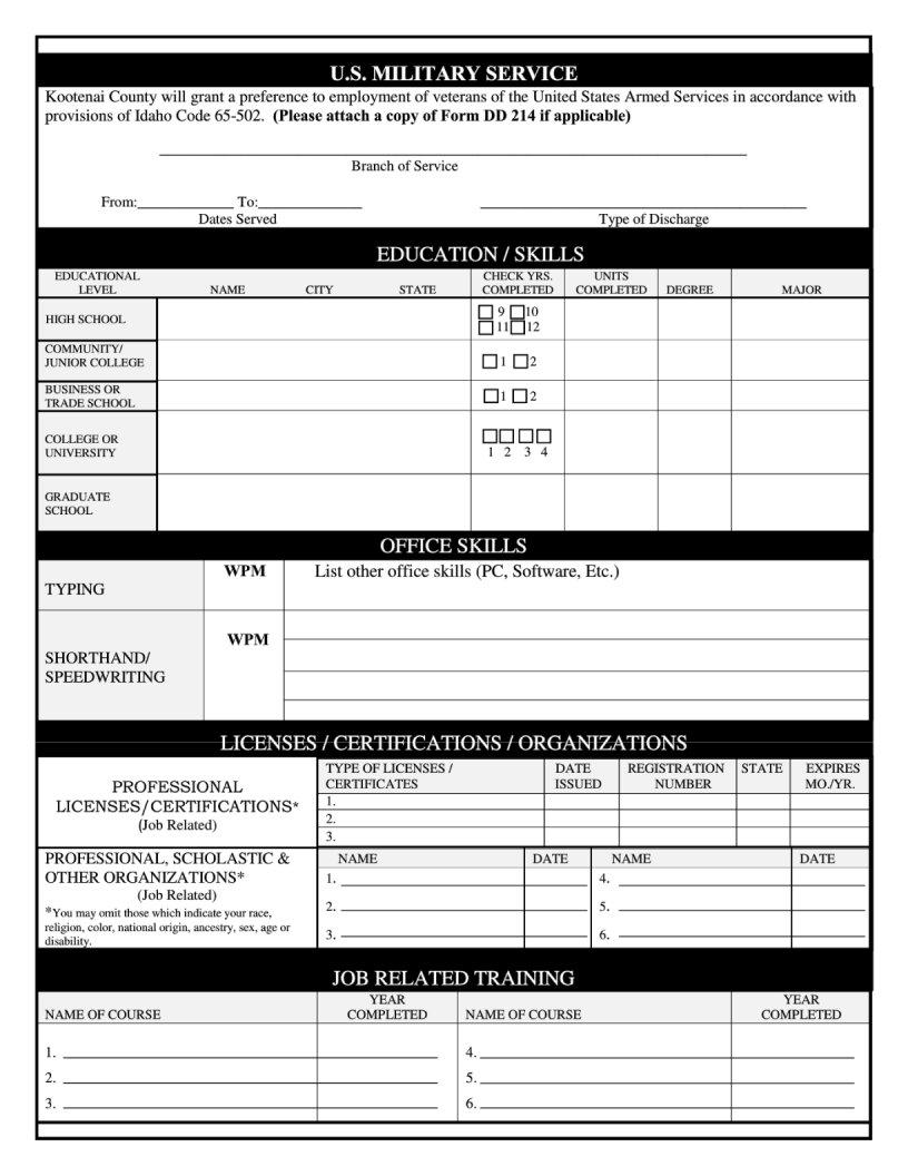 Kootenai Employment Application PDF Form FormsPal