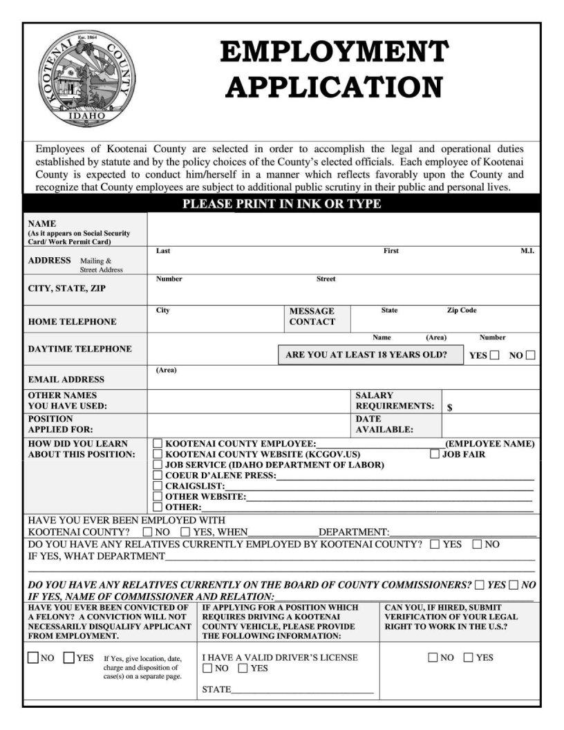 Kootenai Employment Application PDF Form FormsPal