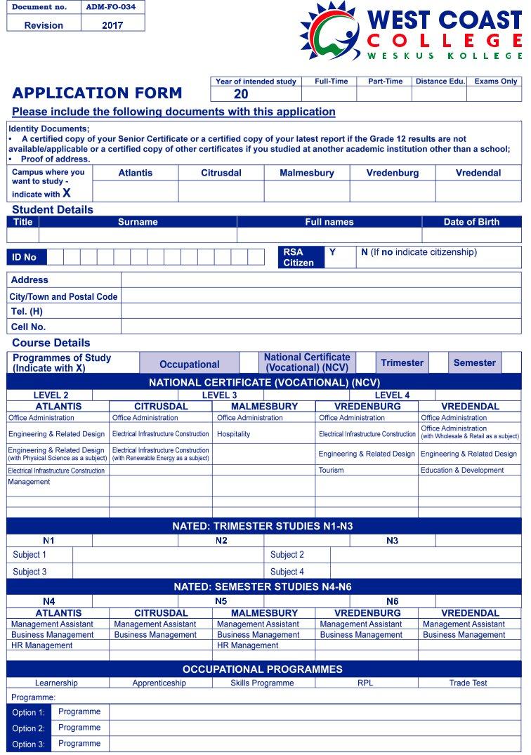 West Coast College Application PDF Form FormsPal