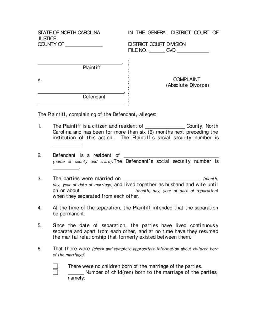 Complaint Divorce Nc Form ≡ Fill Out Printable PDF Forms Online