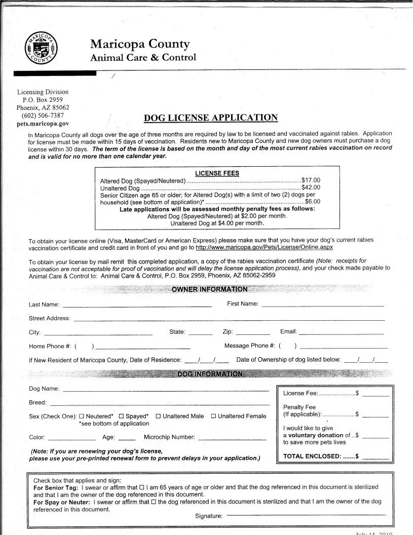 Dog License Maricopa ≡ Fill Out Printable PDF Forms Online