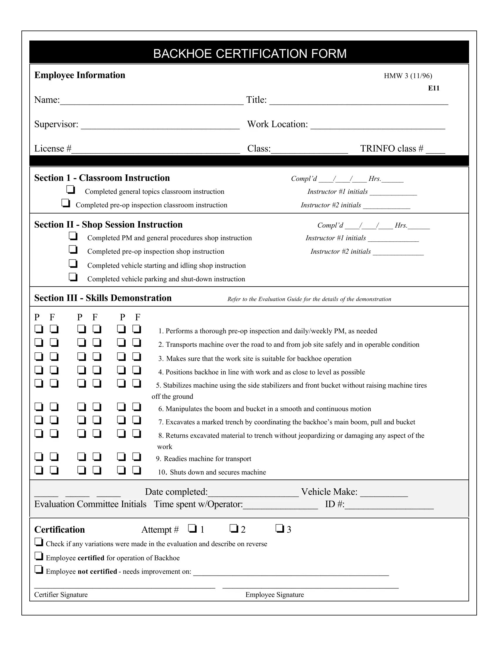 Backhoe Certification Form ≡ Fill Out Printable PDF Forms Online