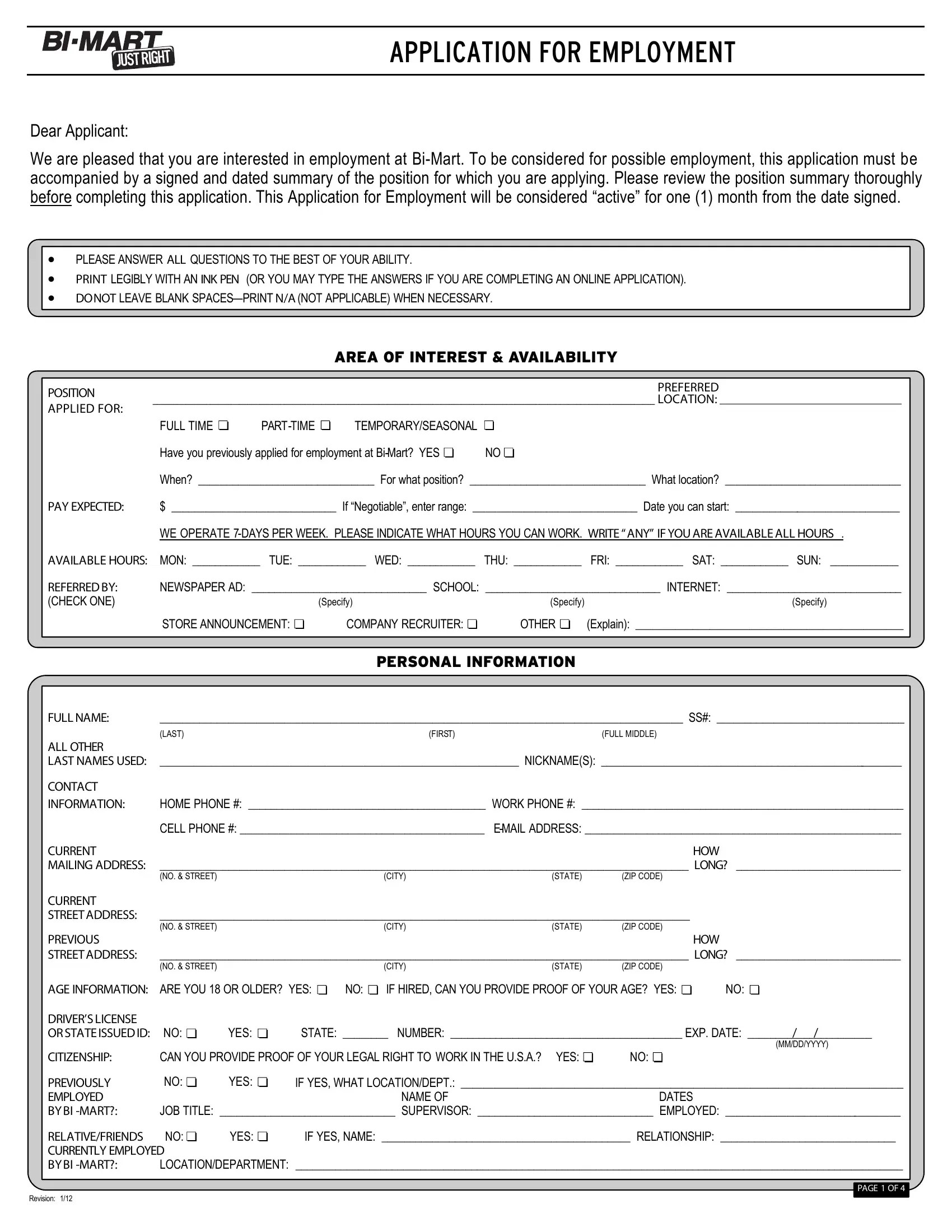 Bi Mart Application Form ≡ Fill Out Printable PDF Forms Online