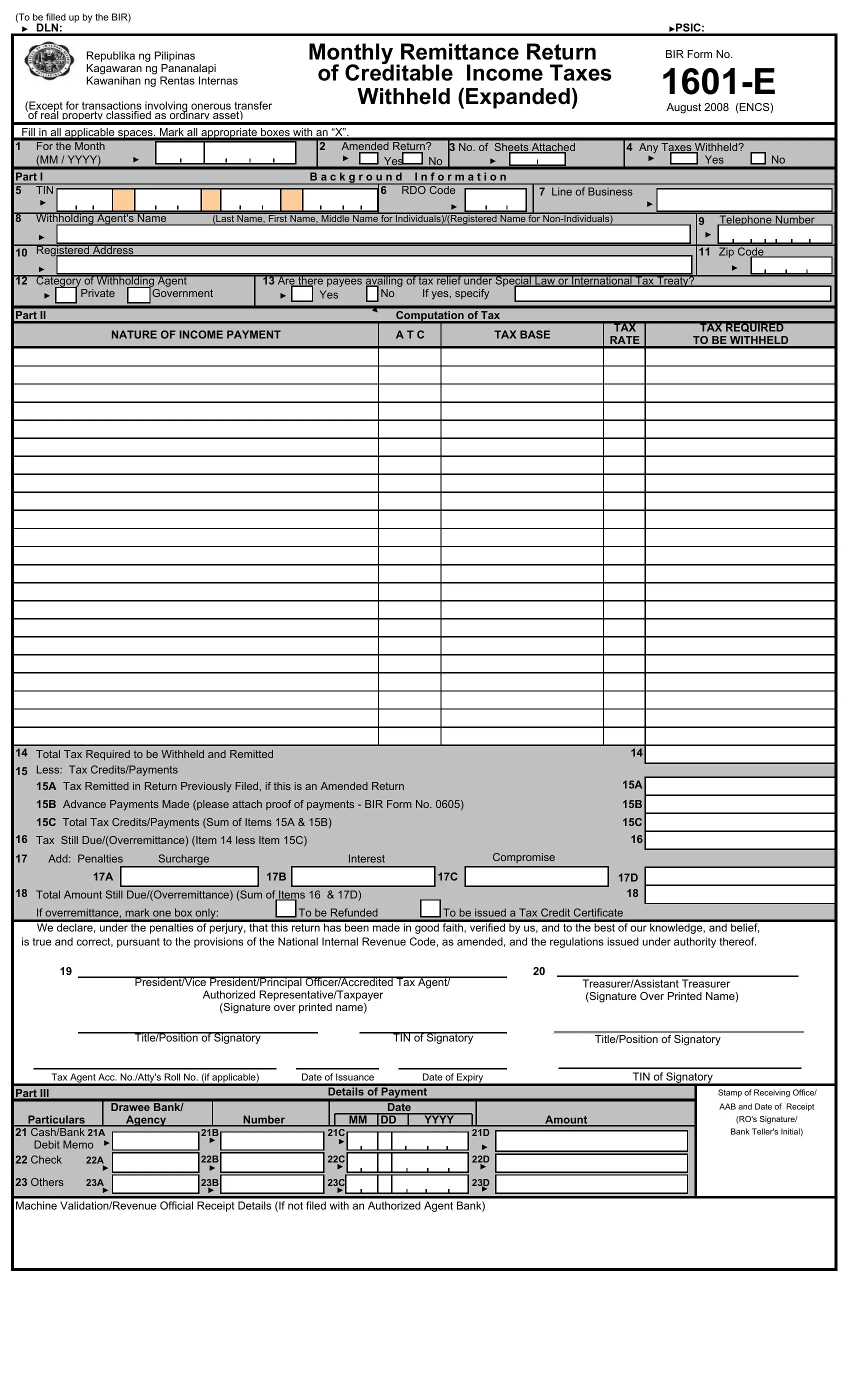 Bir Form 1601 E ≡ Fill Out Printable PDF Forms Online