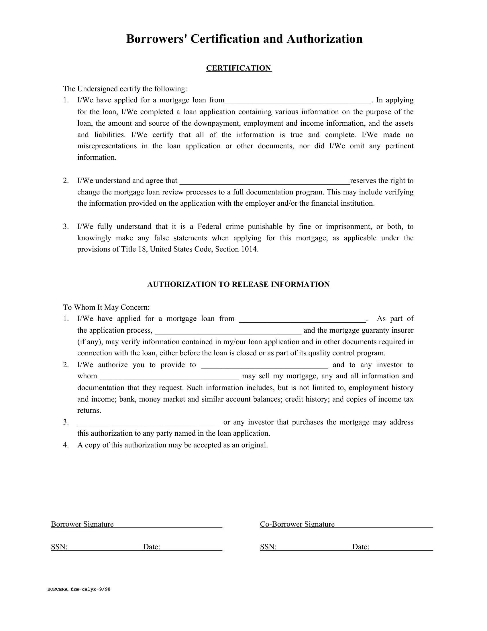 Borrowers Certification Authorization PDF Form FormsPal