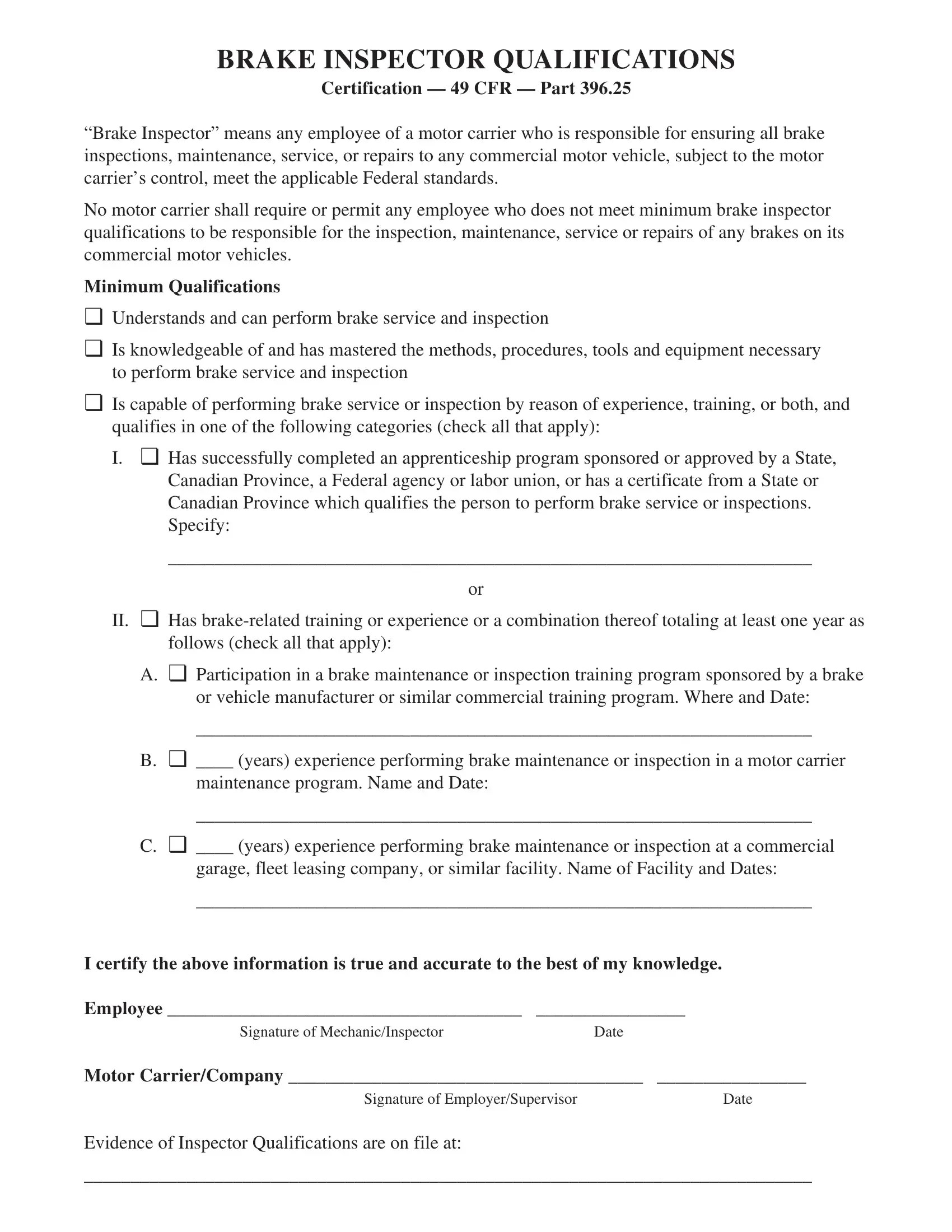 Brake Inspector Certification PDF Form FormsPal