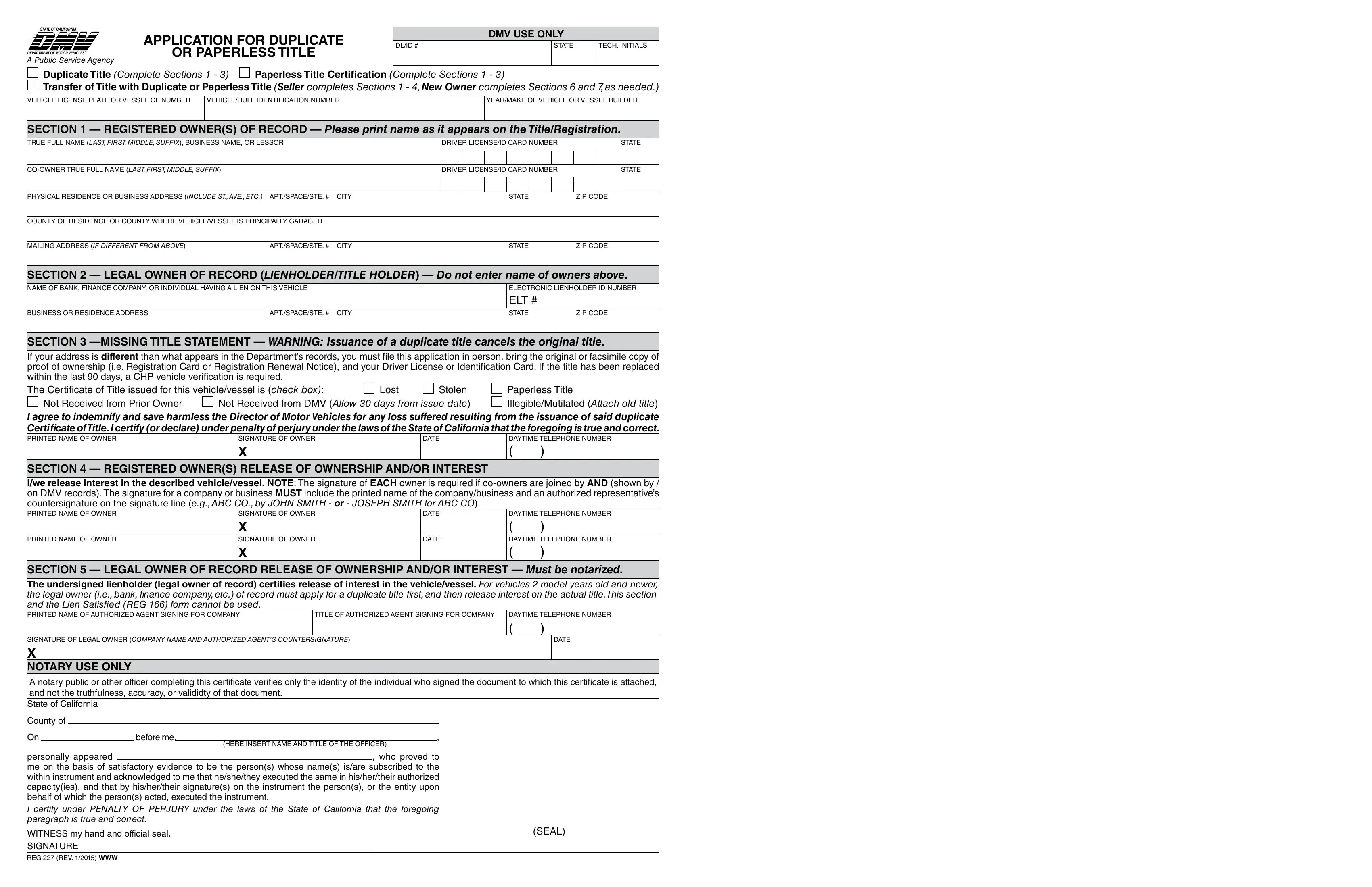 Ca Application Duplicate Title Dmv 227 PDF Form FormsPal