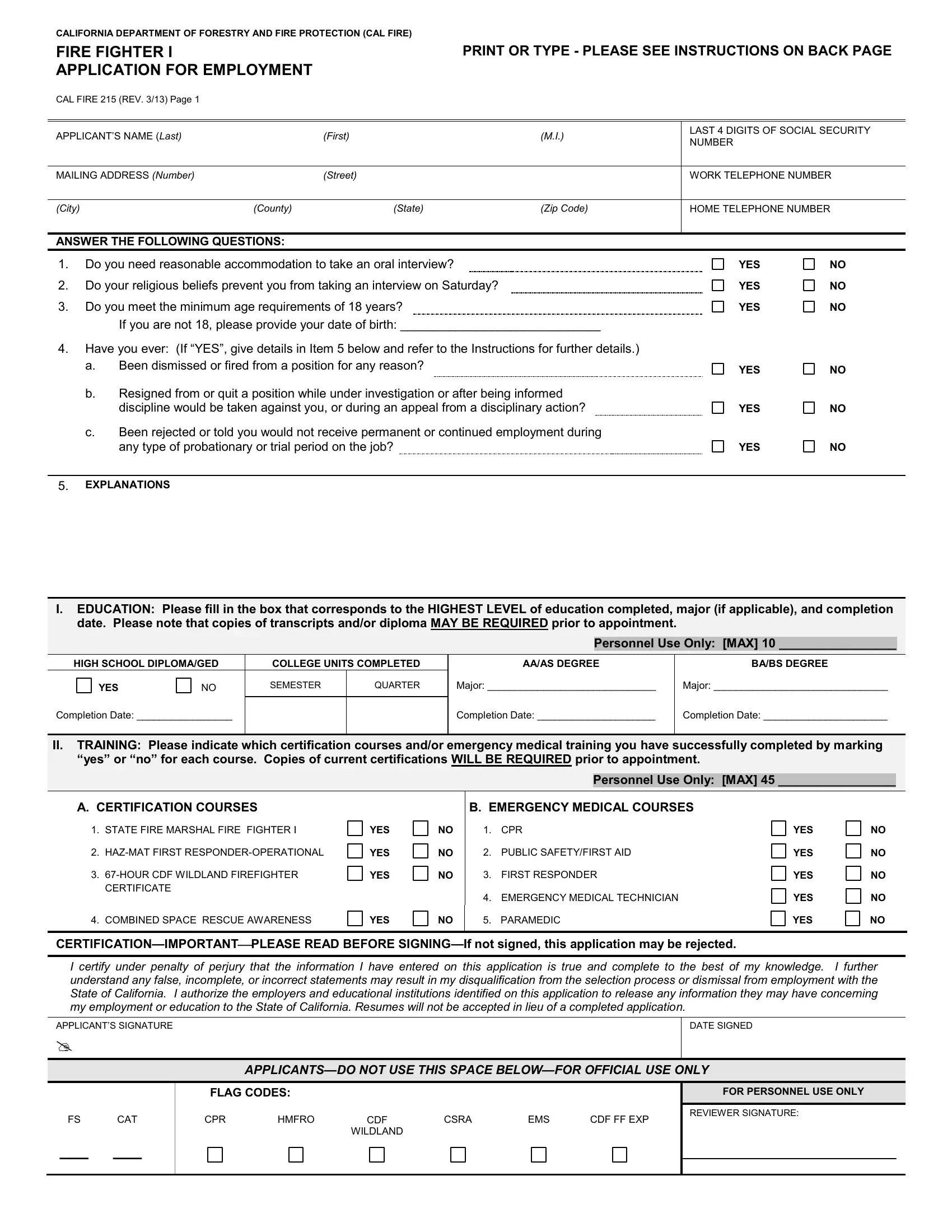 Cal Fire Job Application Form ≡ Fill Out Printable PDF Forms Online