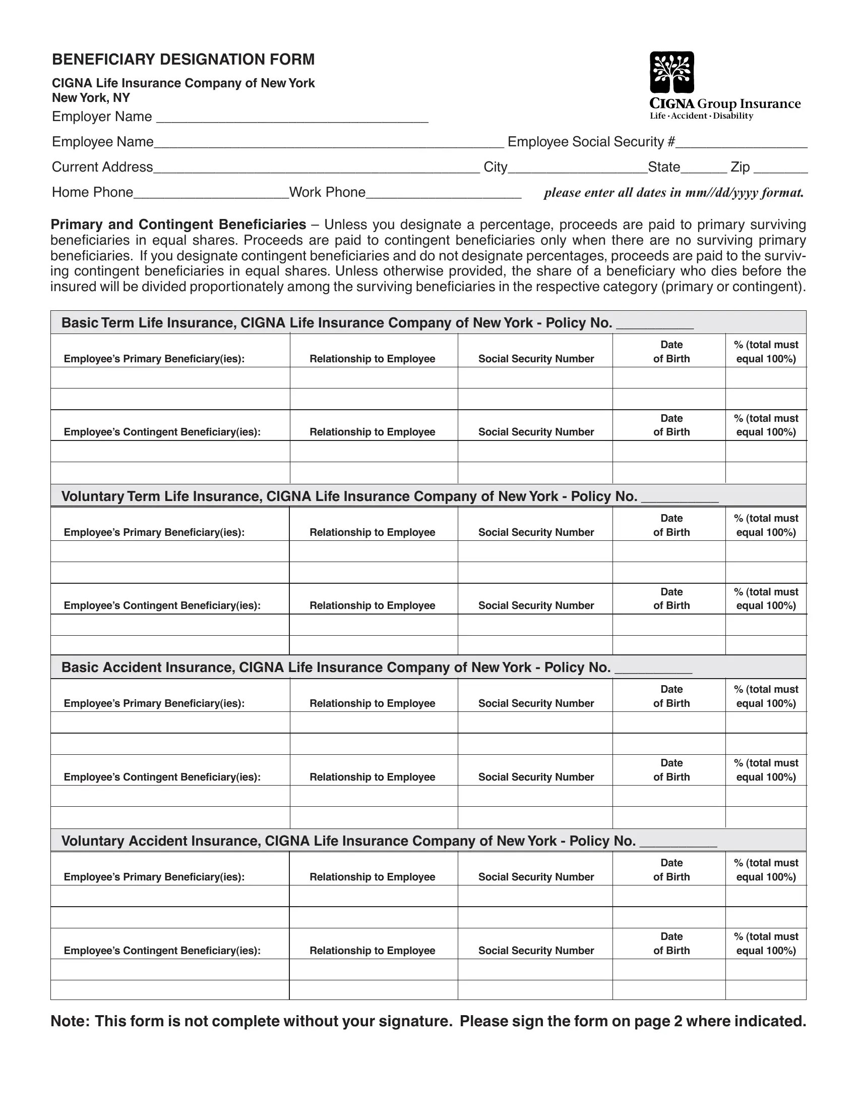 Cigna Beneficiary Designation PDF Form FormsPal