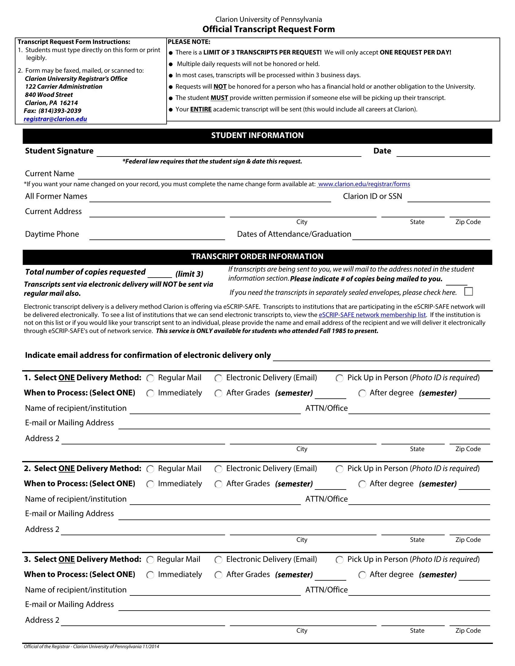 Clarion University Transcript Request PDF Form FormsPal