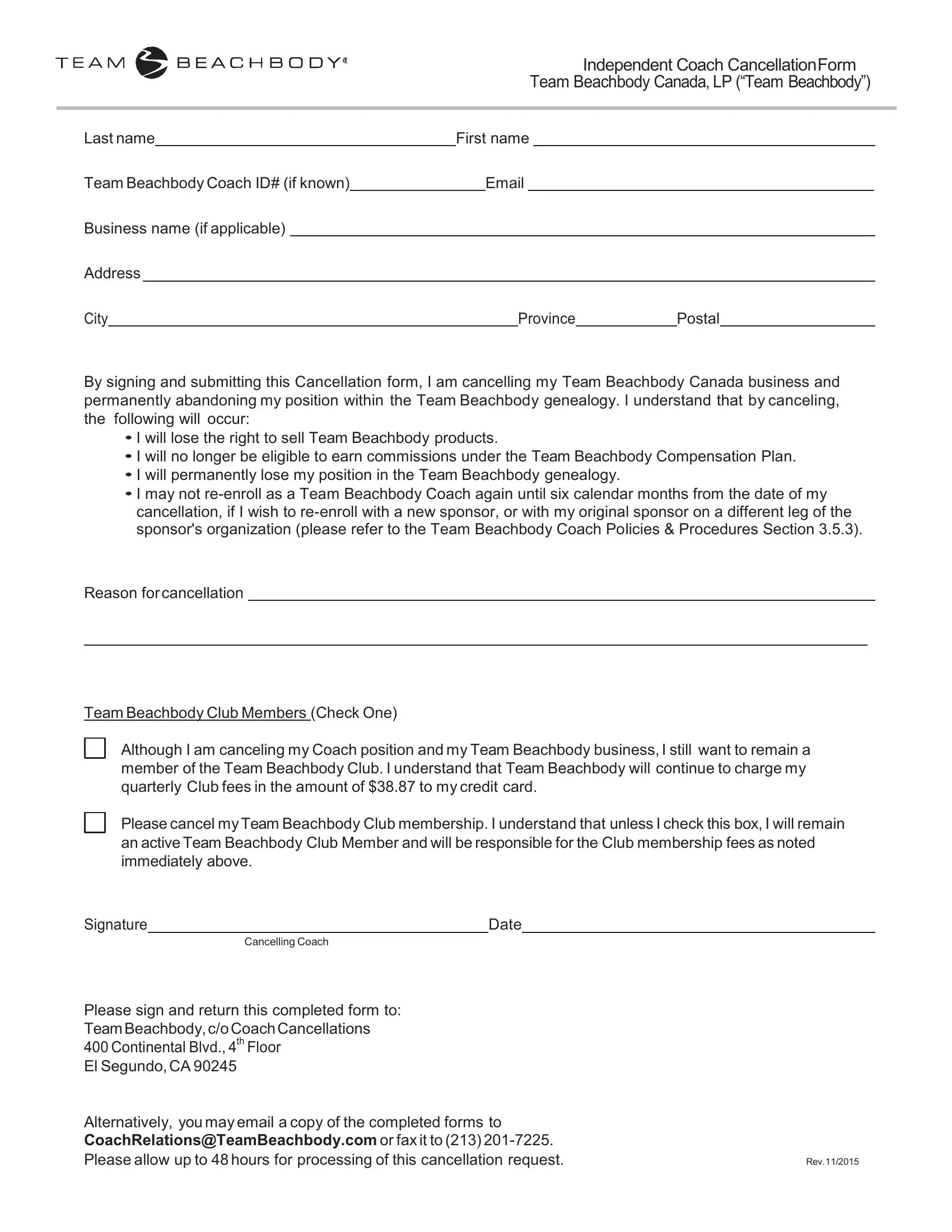 Coach Cancellation Form ≡ Fill Out Printable PDF Forms Online