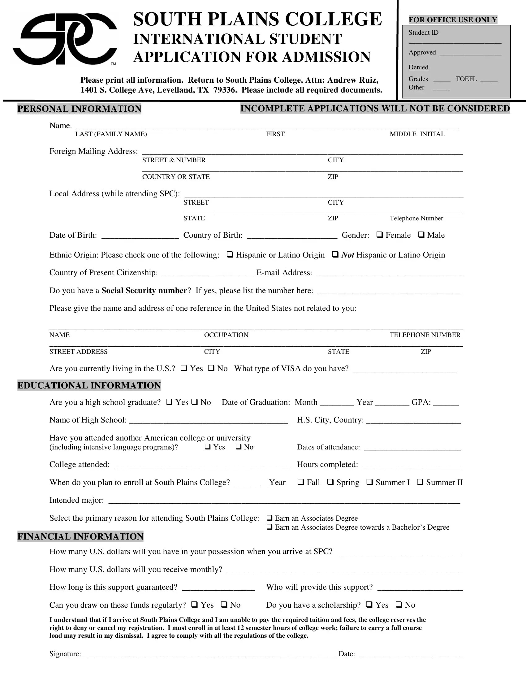 South Plains College Application Form ≡ Fill Out Printable PDF Forms Online