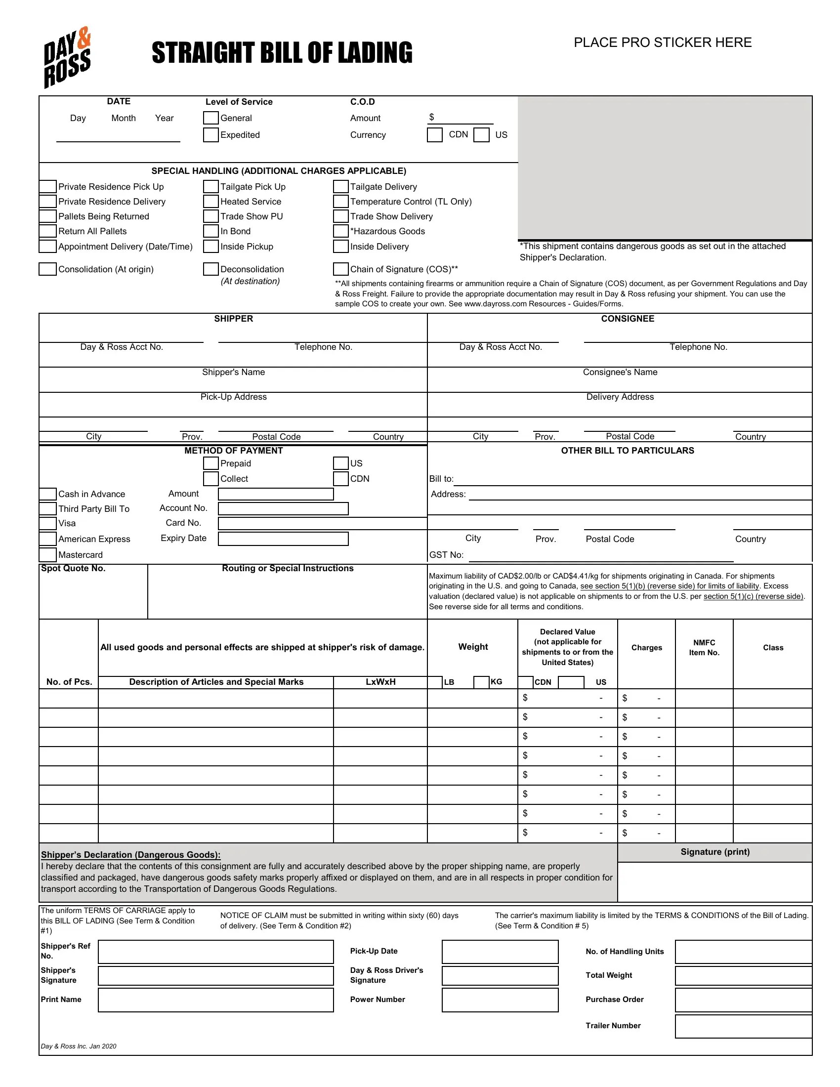 Day And Ross Bill Of Lading PDF Form FormsPal