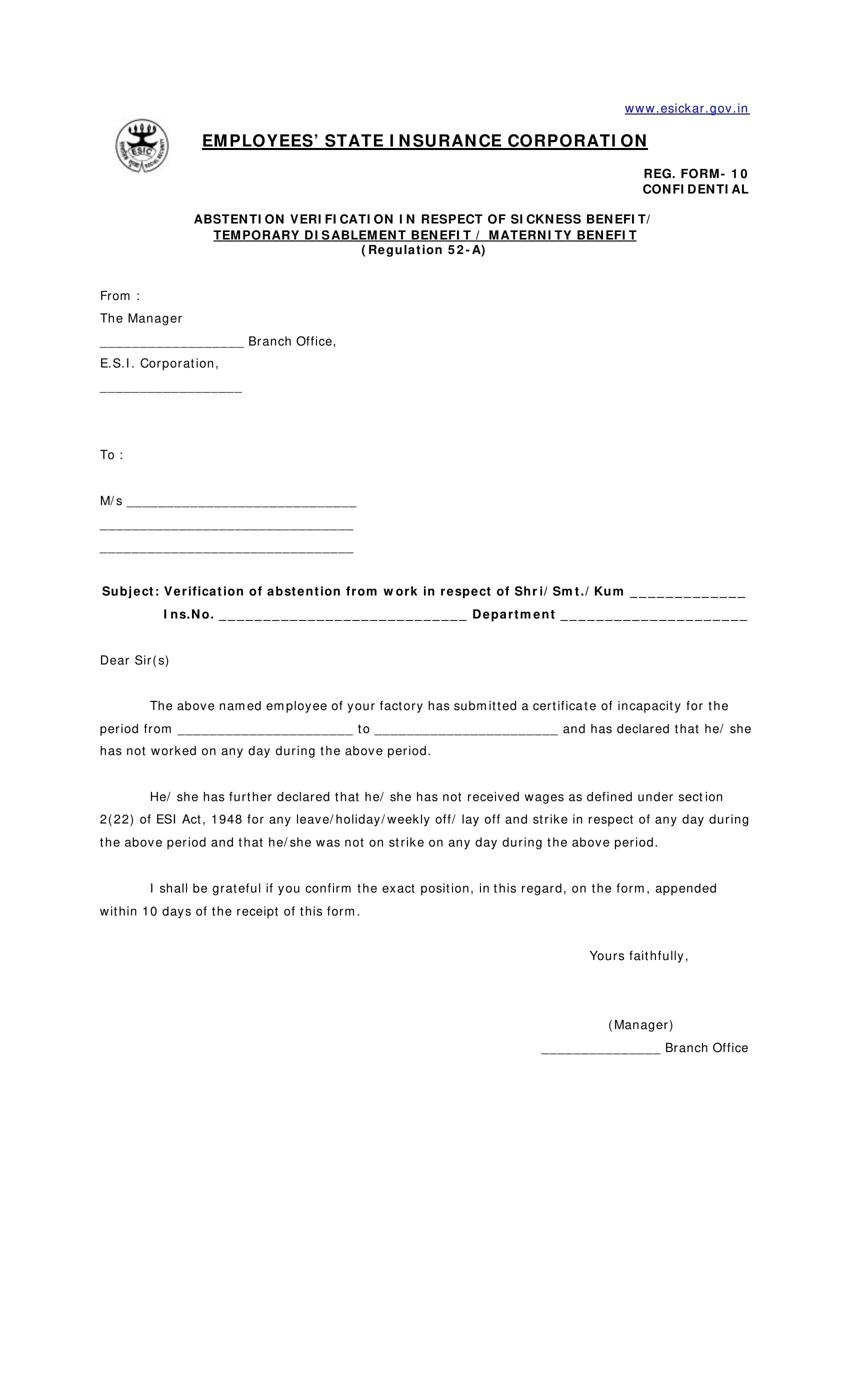 Esic Form 10 ≡ Fill Out Printable PDF Forms Online