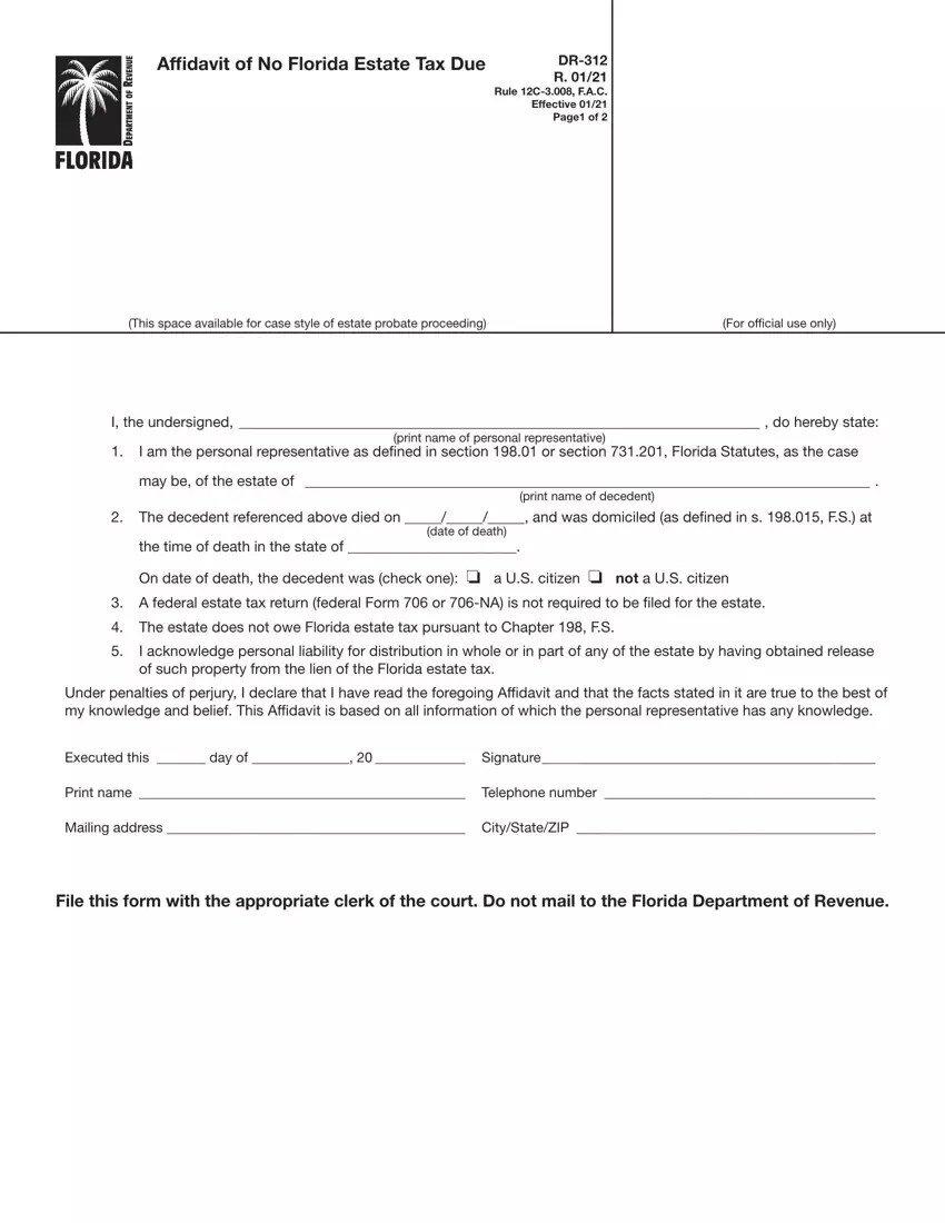 Florida DR312 Form ≡ Affidavit of No Estate Tax Due