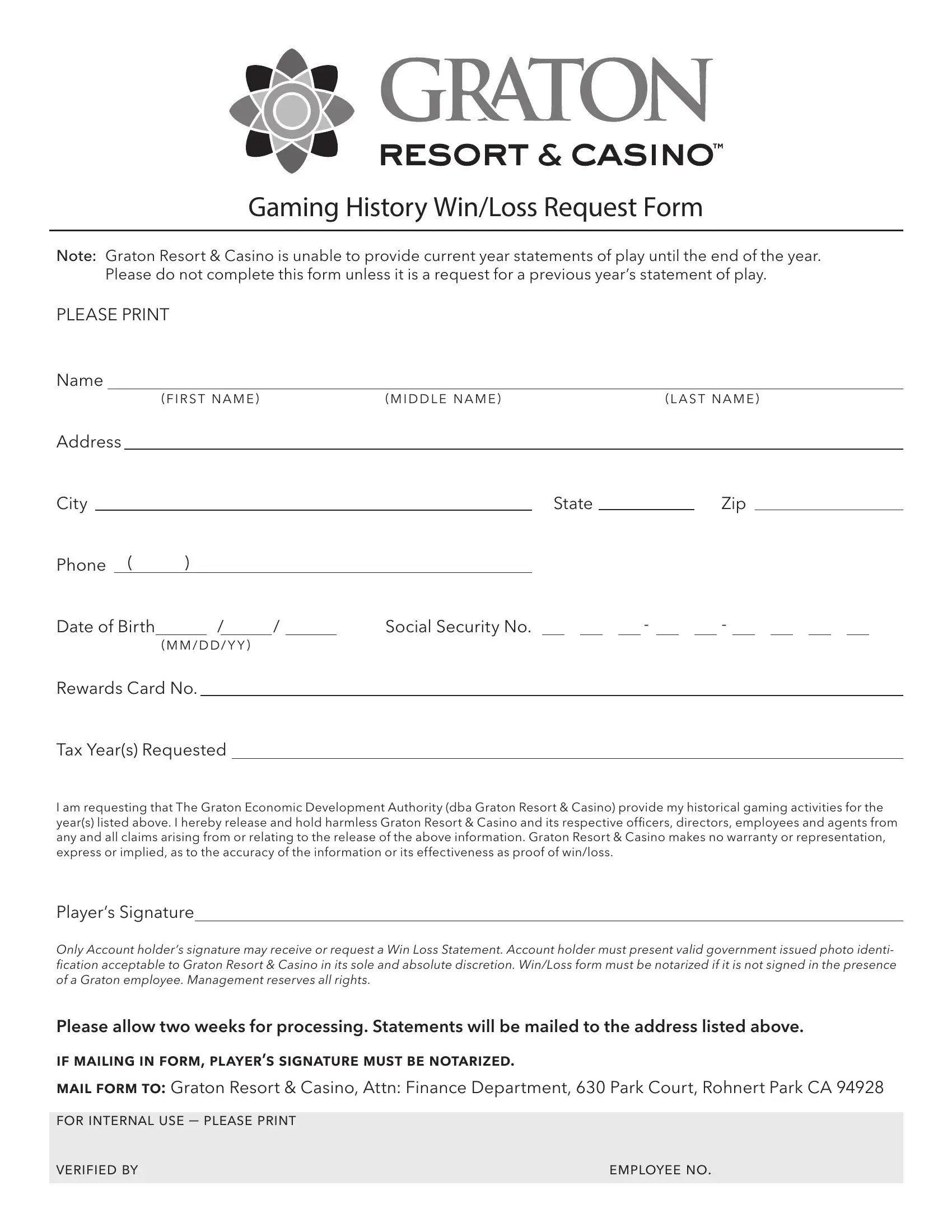 Graton Win Loss Statement Form ≡ Fill Out Printable PDF Forms Online